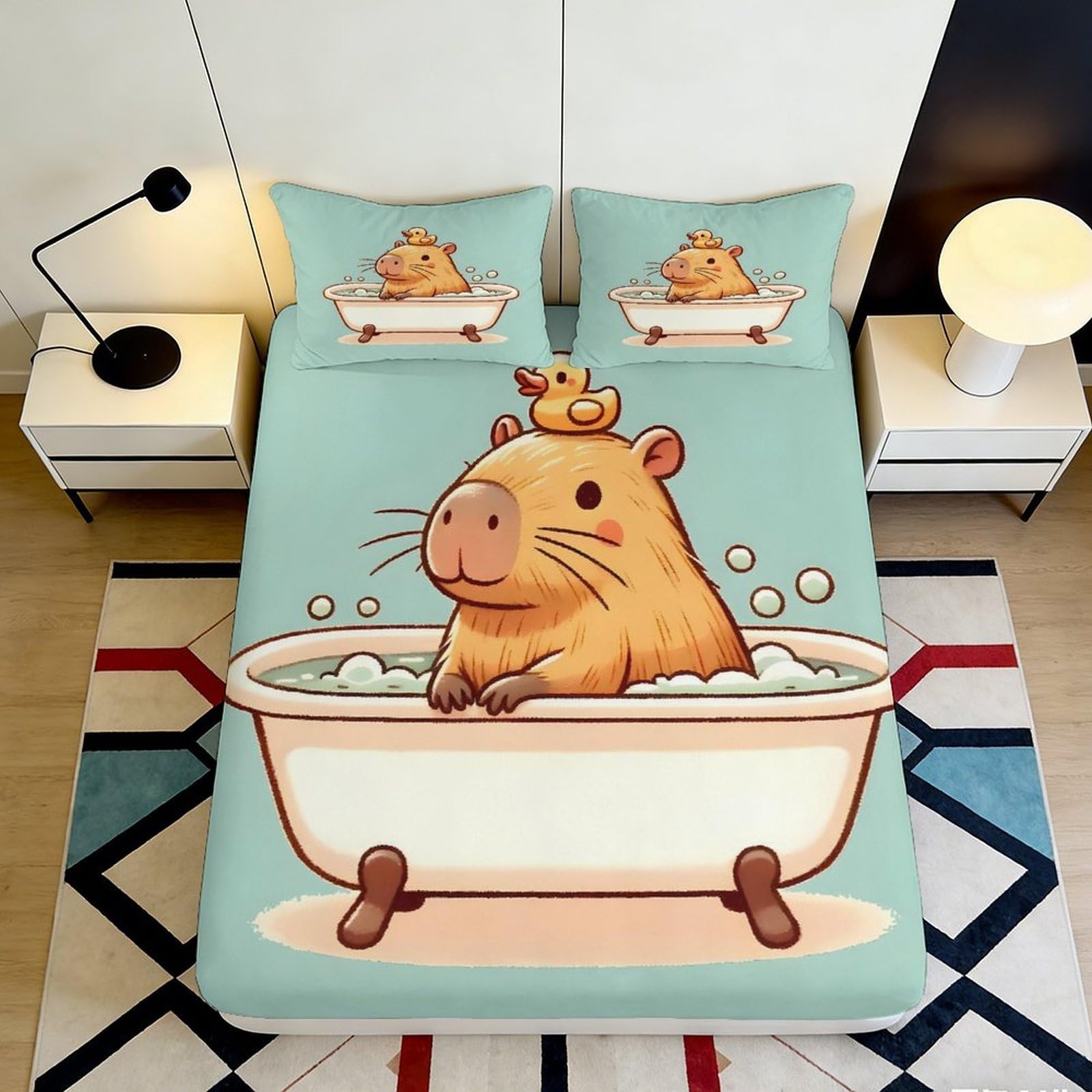 3D Printed Capybara Bathtub Fitted Sheet Microfiber Soft Cartoon Duck Bed Cover for Bedroom Dorm Mattress Decor 90x200x25cm