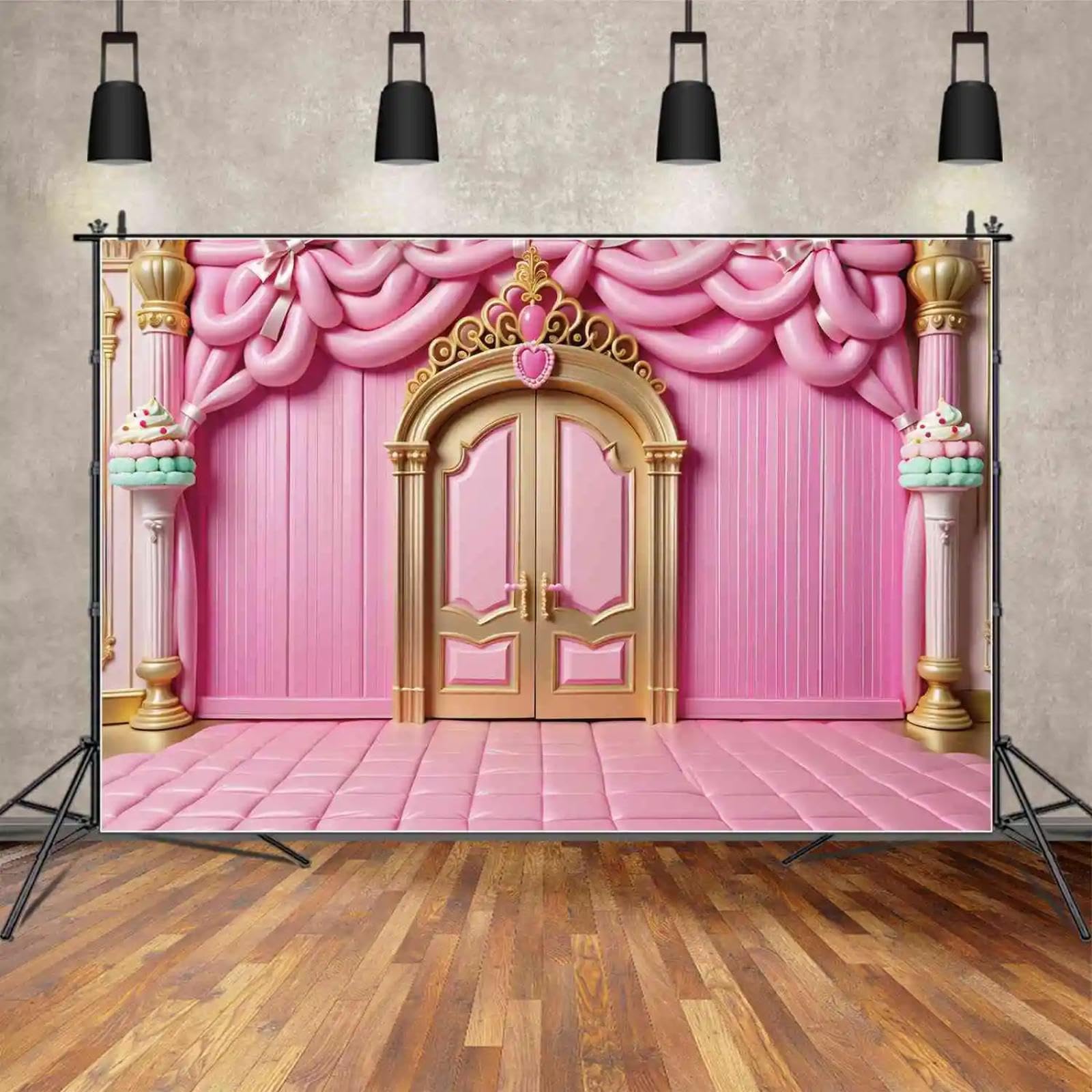 Tło różowe i złote księżniczka 'Happy Birthday' tło znak zamek korona drzwi baby shower fotografia strzelanie rekwizyty 300 x 200 cm