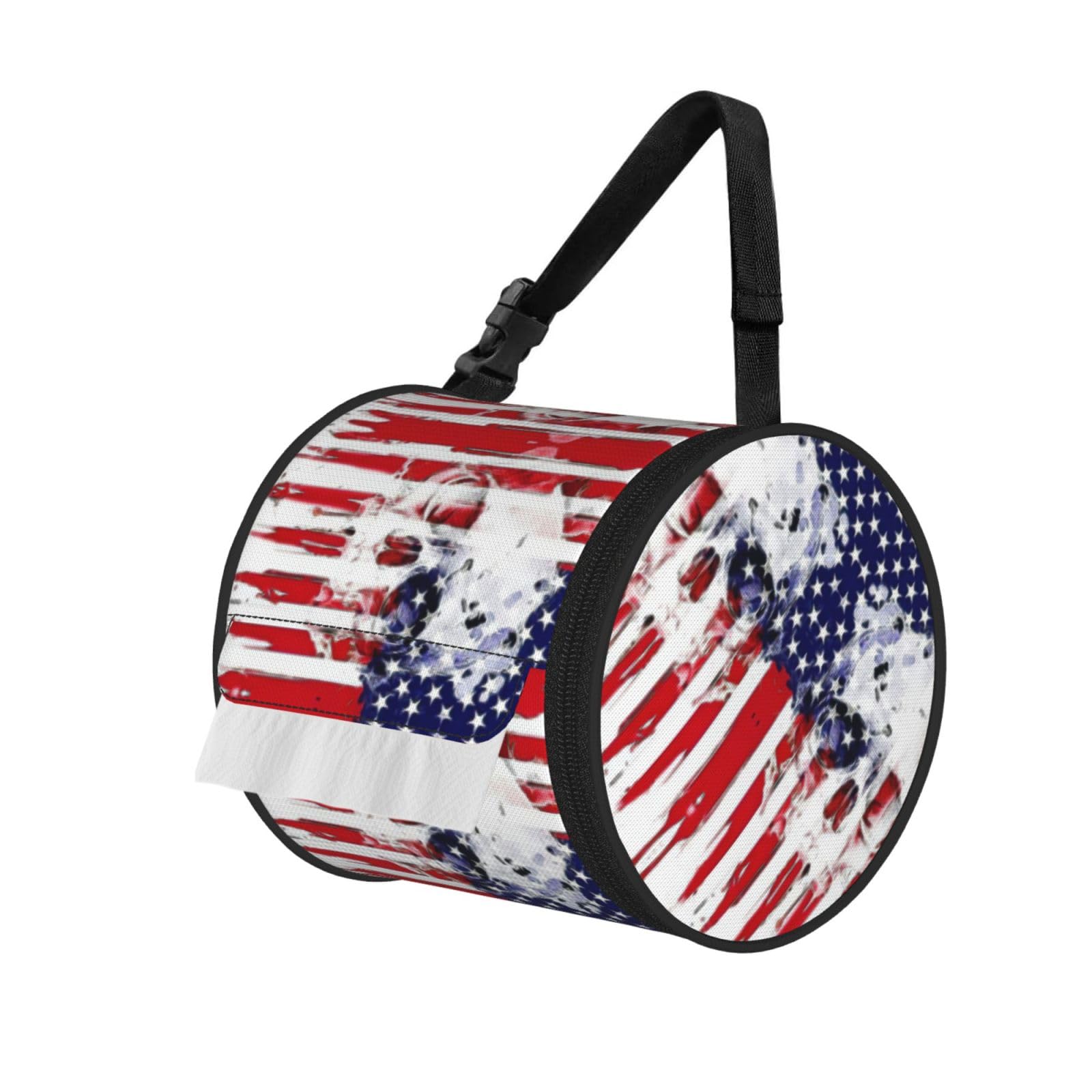 American Flag Skull Print Cylinder Tissue Holder Bag With Strap, Portable Roll Dispenser Case For Car Rv Camping