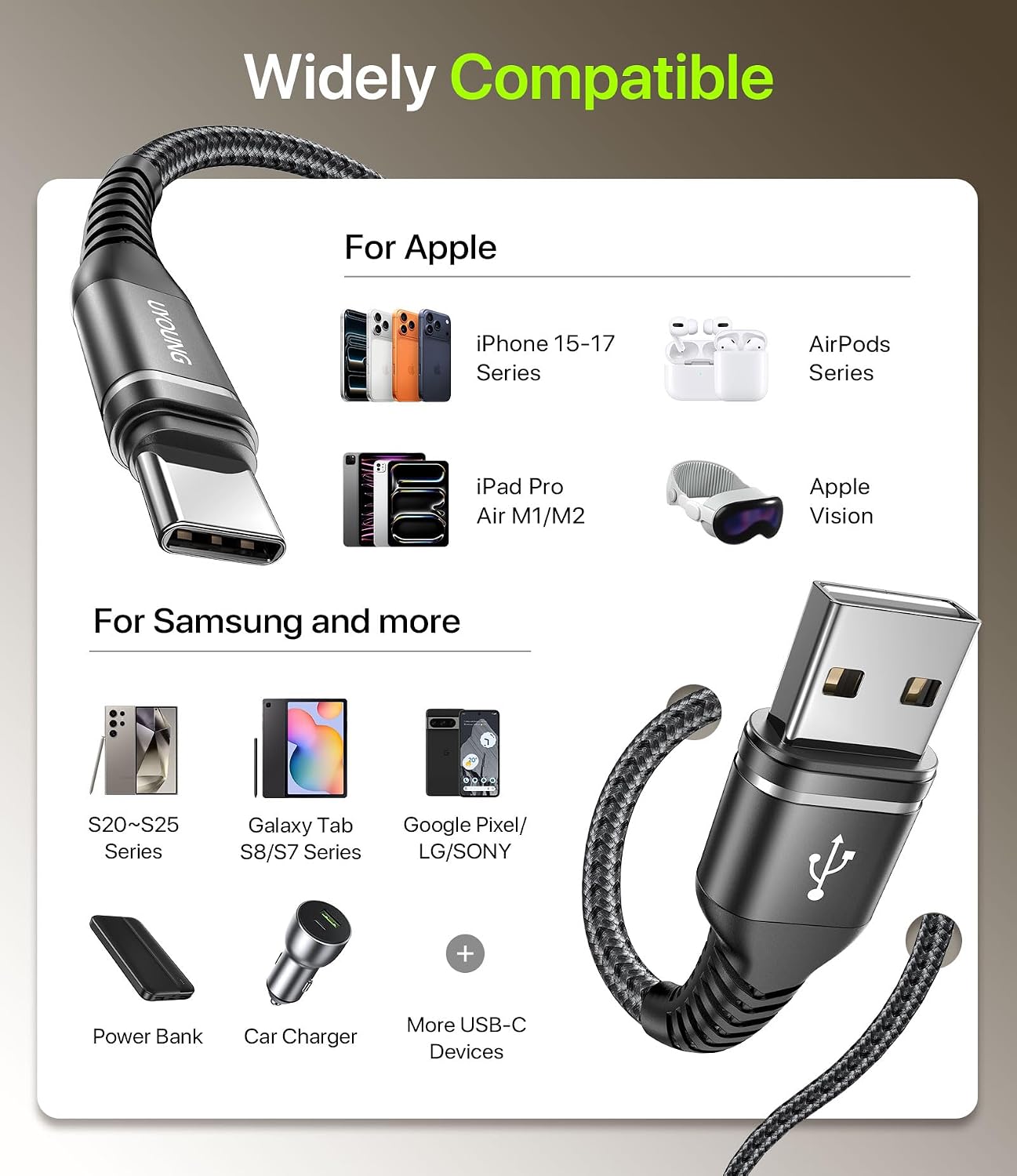 USB A to USB C Cable 60W Fast Charging 10FT, 2Pack USB to USBC Cable for CarPlay/Android Auto USB Type C Cable Durable Braided iPhone USB C Charger Cord for iPhone 17/16/15 Pro Max/Galaxy S26 and More