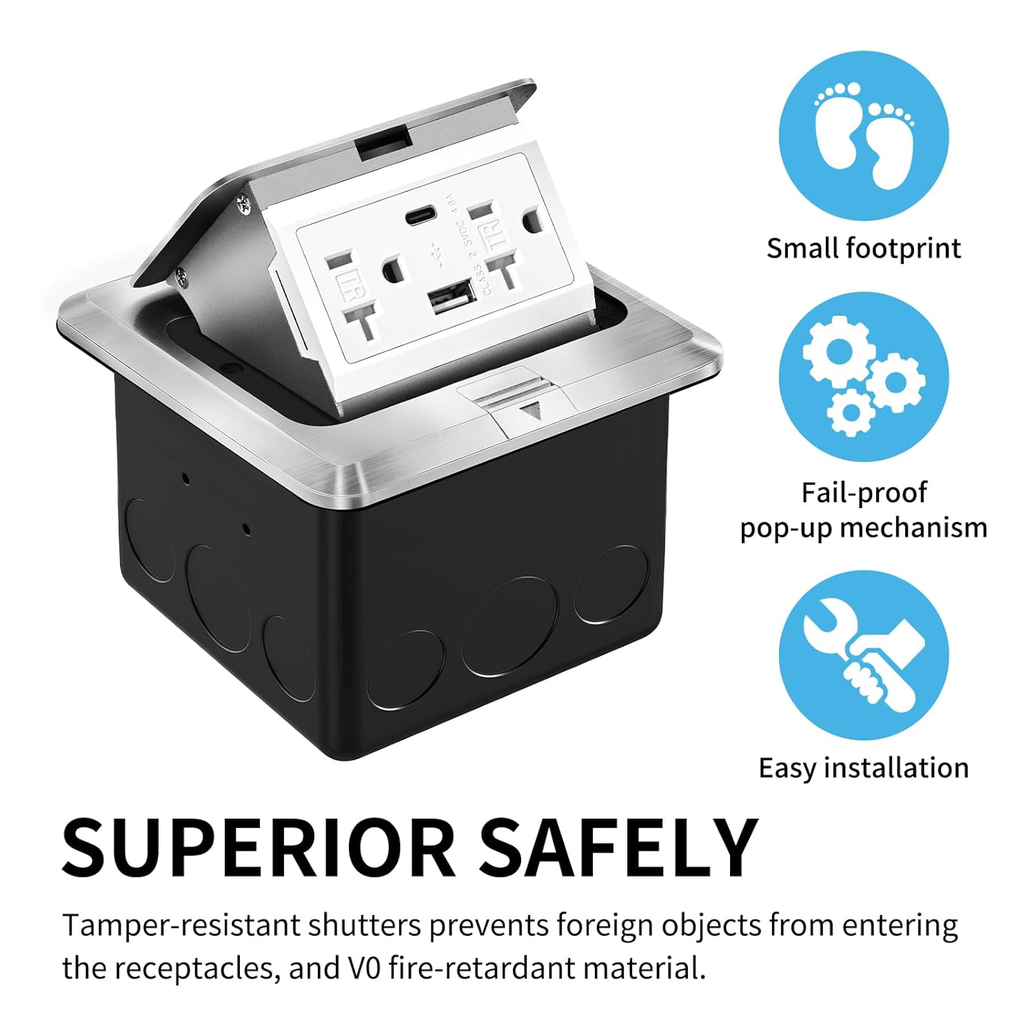 Vagueior Recessed Floor Electrical Outlet Kit, Waterproof Electrical Outlet Cover Box, Hidden 4.8A USB A+C, 20A Tamper-Resistant Receptacle Outlet with Slow Elastic Damping, UL Certified, Silver