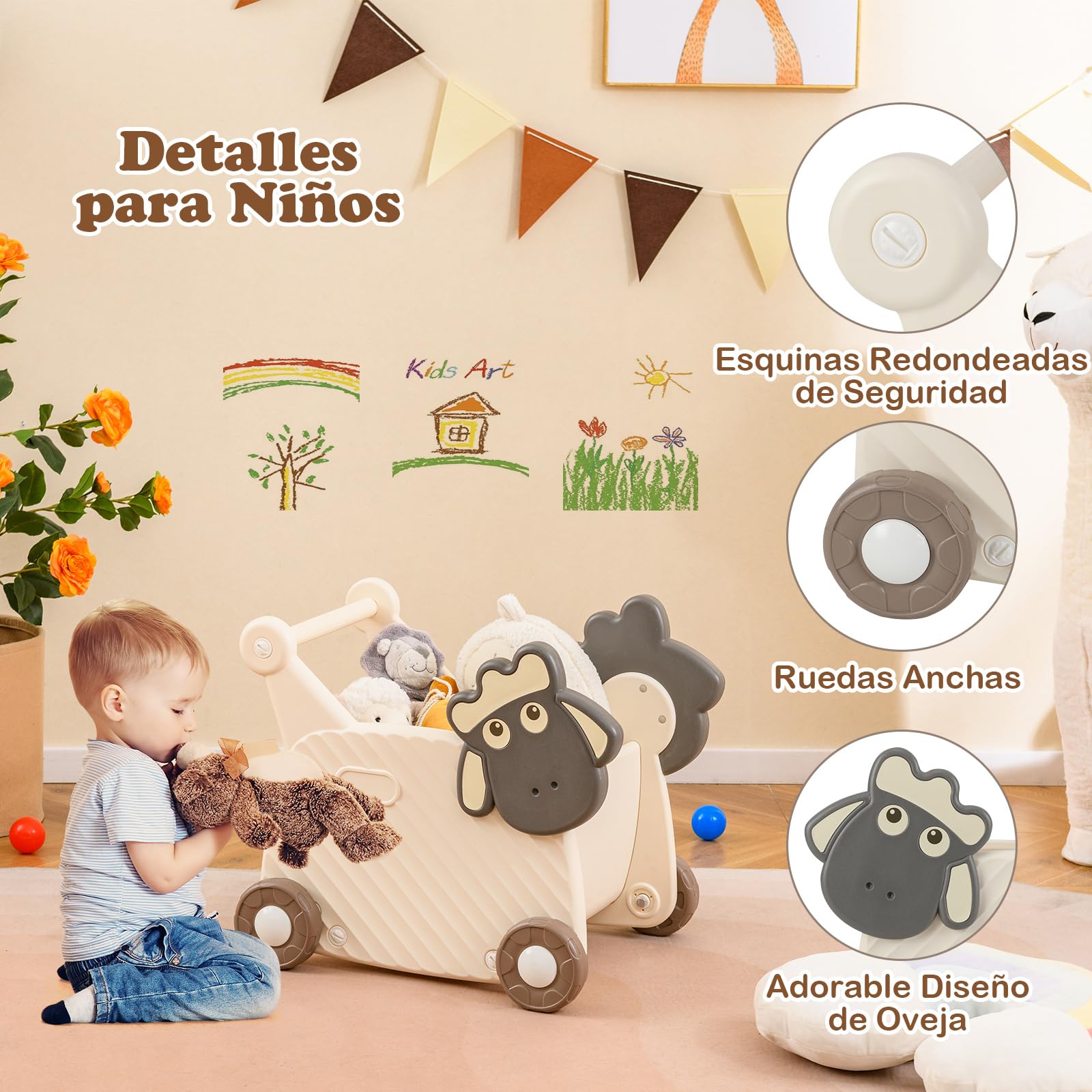 COSTWAY Andador para Bebés en Forma de Oveja, Carrito de Almacenamiento de 18L para Niños, Andador Infantil de 4 Ruedas para Desarrollo de Habilidades Motoras,Carrito de Empuje para Niños de 3+ Años