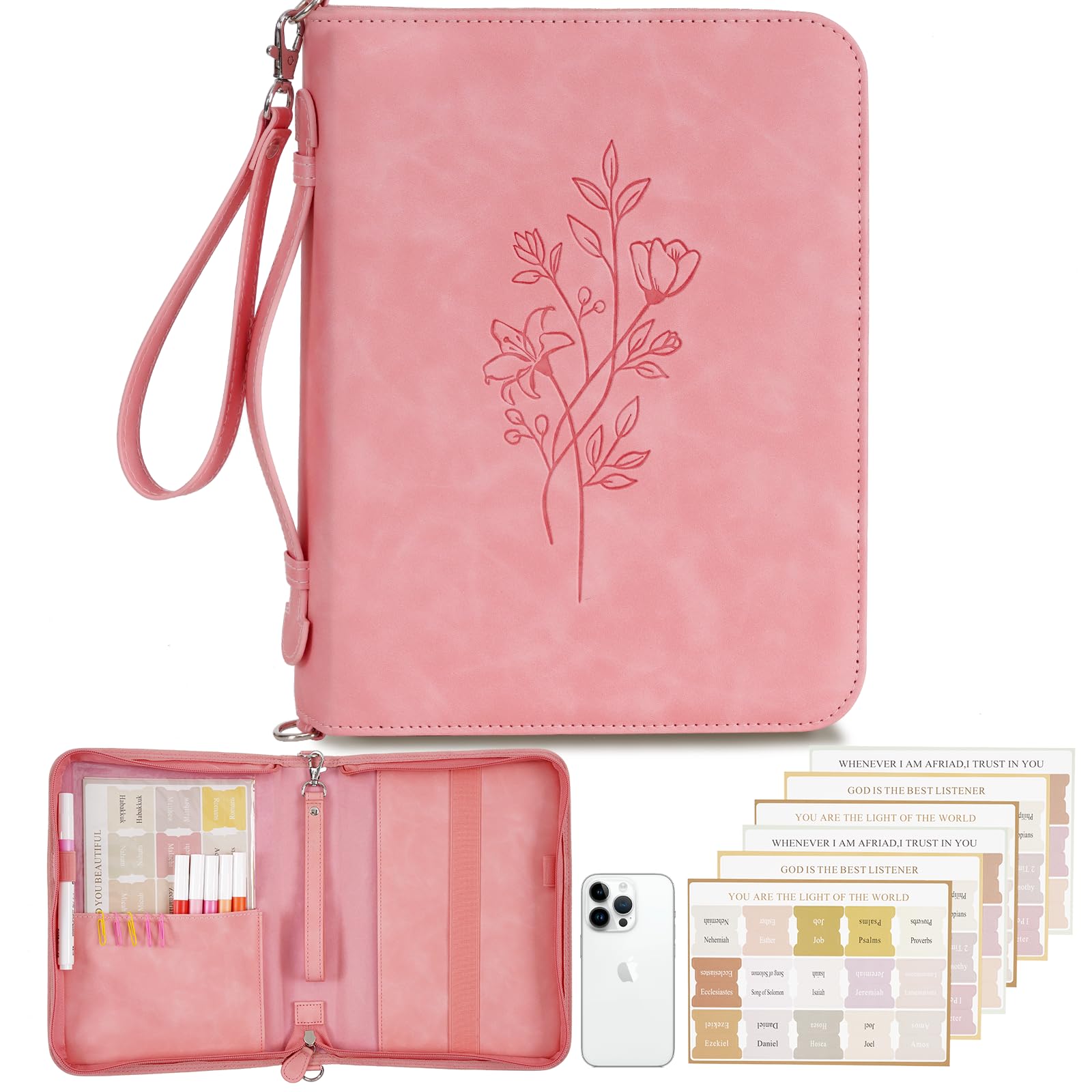 Bible Case, Bible Cover Case for Women with Detachable Shoulder Strap & Wristlet Strap, Christian Gifts for Woman, PU Leather Debossed Floral Bible Cover, Church Bag with Bible Study Supplies, Pink