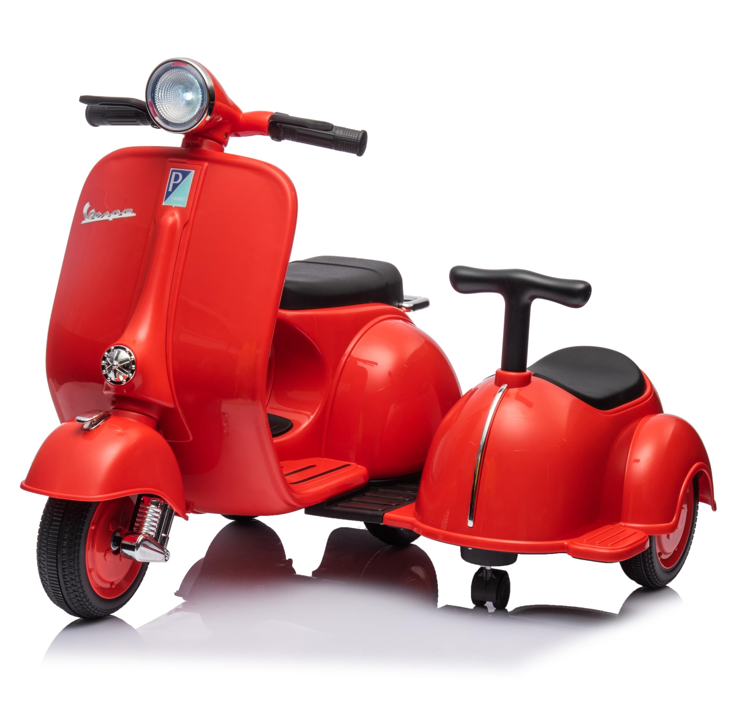 MR J toys&more Piaggio Vespa con Sidecar Small Elettrica 6V per Bambini con USB e luci mp3 Due posti Suoni e mp3 Elettrica (Rosso)