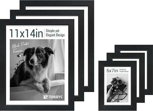 5x7 Picture Frame 3 Pack and 11x14 Picture Frame 3 Pack- Black Woodgrain, Wood & HD Tempered Glass, Table Display or Wall Hanging