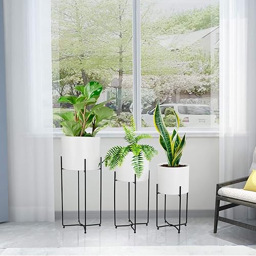 Miniatura 5 de Sinolodo Maceta blanca de mediados de siglo con soporte para plantas negras, 3 macetas modernas para plantas de interior, juego de macetas de metal