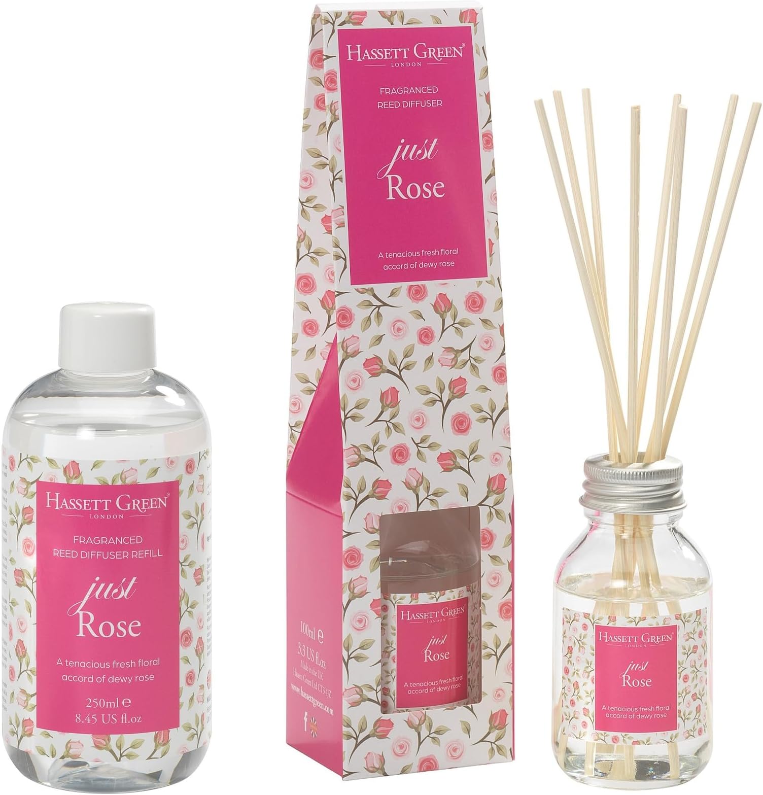 Just Rose - Reed Diffuser and Refill Combination Set - 100ml Glass Bottle with 8 Rattan Reed Sticks plus Larger Size 250ml Refill Bottle