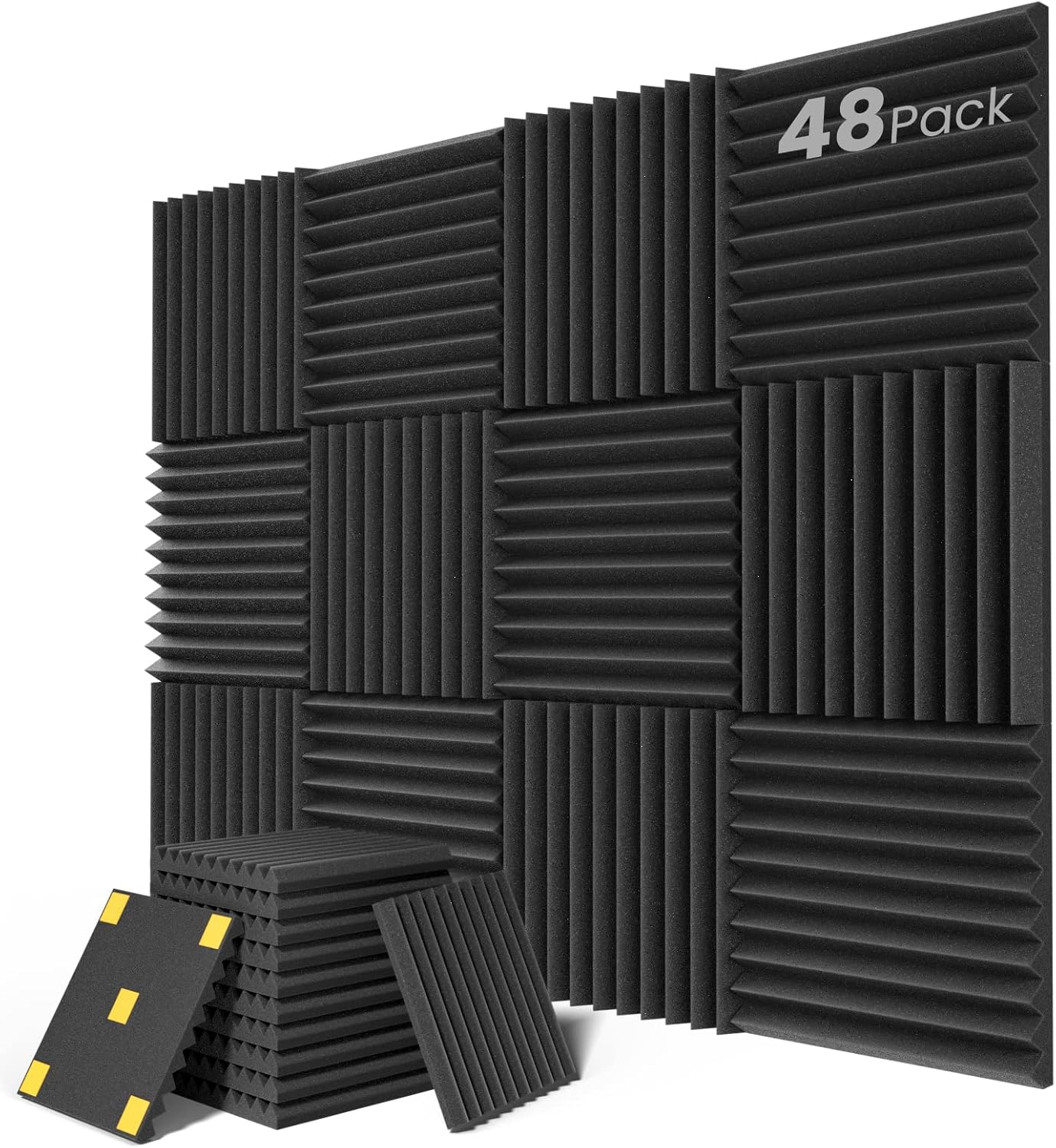 48 pack Acoustic Panels, 1" X 12" X 12" Quick-Recovery Sound Proof Foam Panels, Acoustic Foam Wedges High Density, Soundproof Wall Panels for Home Studio,Carbon Black