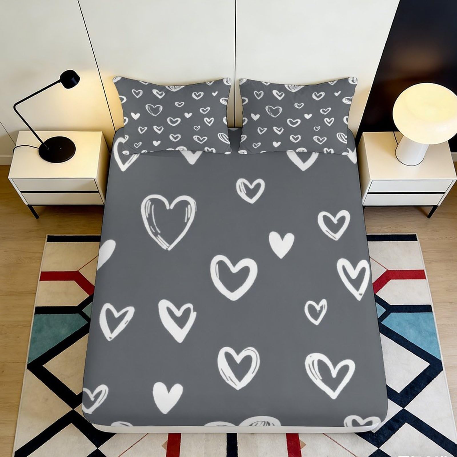 3D Printed Grey Heart Pattern Fitted Sheet Microfiber Anti-Slip Bed Cover for Bedroom Guest Room Easy Care Mattress Protection 200x200x25cm