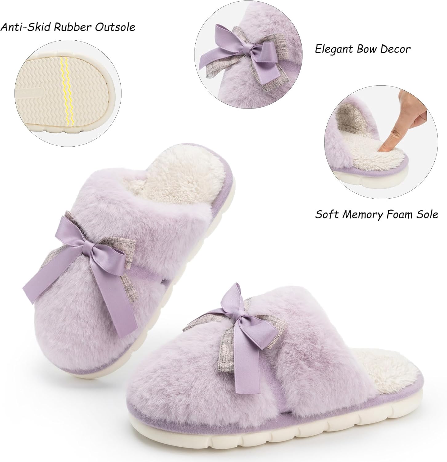 Cute Women's Memory Foam House Slippers - Fuzzy Plush Faux Fur Slippers with Bow Butterfly Tie - Anti-Skid Indoor/Outdoor Gifts for Women, Moms & Ladies - Image 5