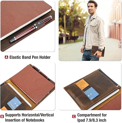 Miniatura 6 de Top Grain Leather - Padfolio de 8.3 pulgadas para hombres y mujeres, diseño vintage hecho a mano, organizador multifuncional de cartera de negocios,