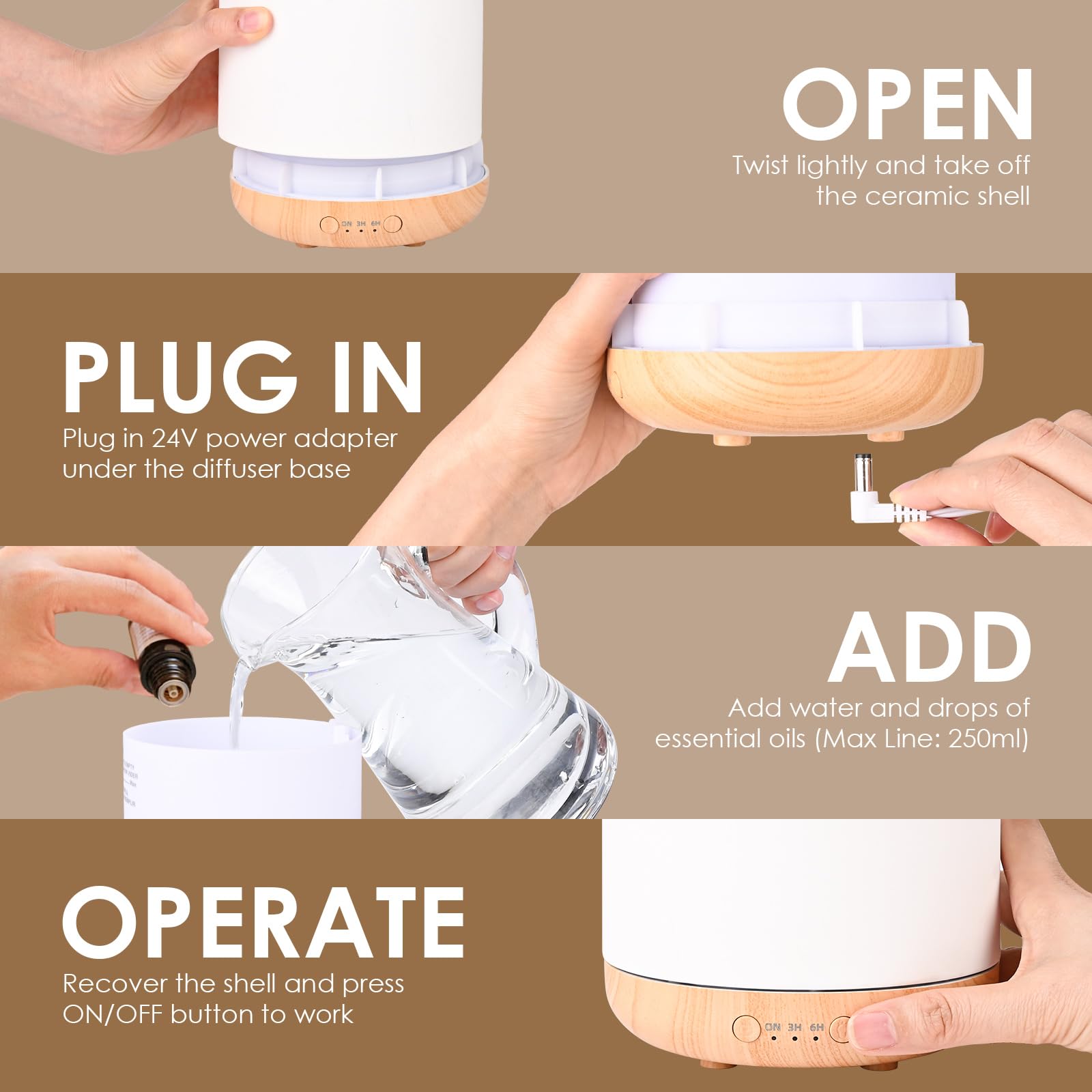 Dreamhigh® Diffusore di Oli Essenziali 250ML, Ceramica Ultrasuoni Diffusore Profumo Ambiente, 7 Diverse Luci Mutevoli/Spegnimento Automatico, Umidificatore Ambiente -per Spa,Yoga,Camera da Letto