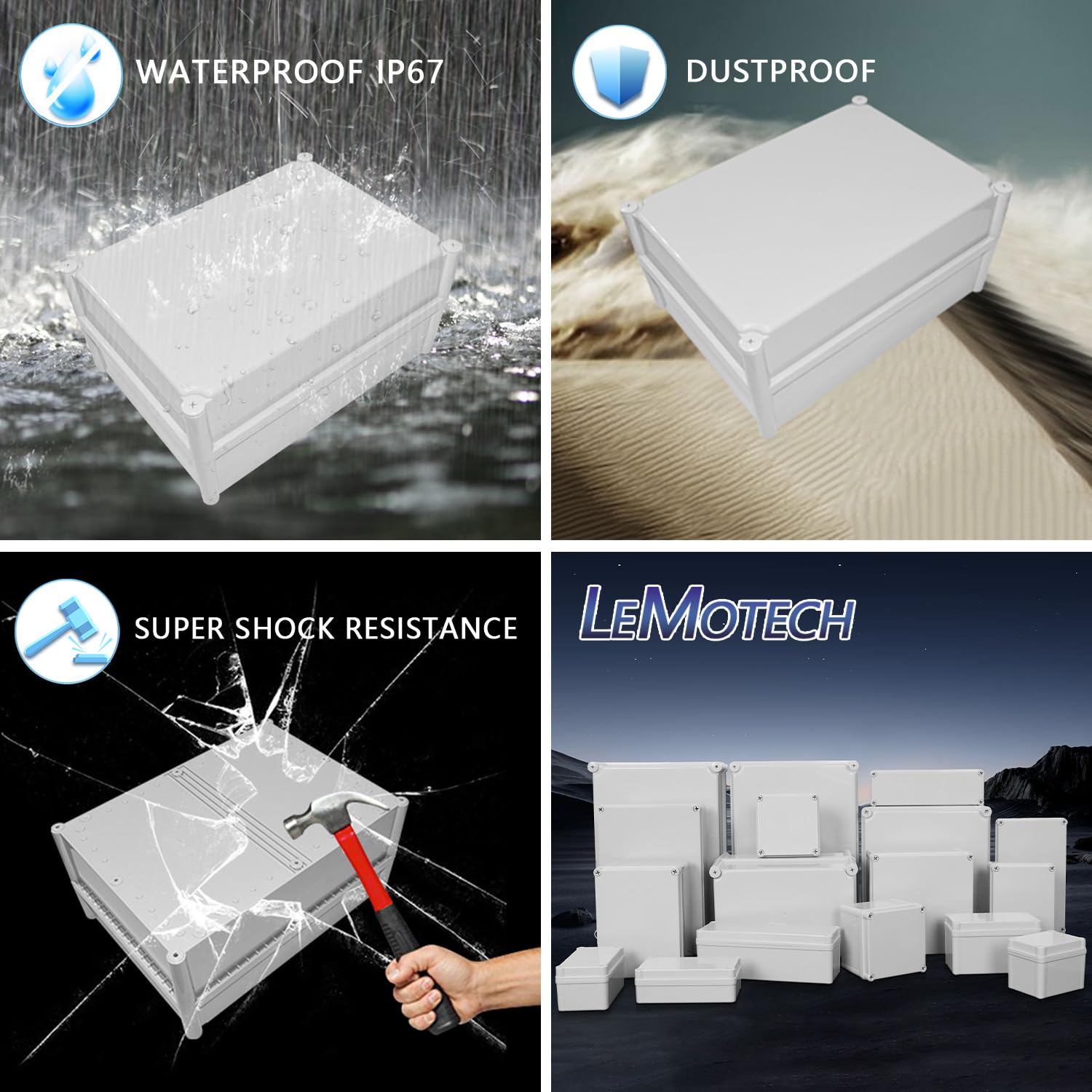 LeMotech Abzweigdose IP67 wasserdicht staubdicht ABS Kunststoff Projektbox für elektrische Außengehäuse Grau 15 x 11 x 7,1 Zoll (380 x 280 x 180 mm)