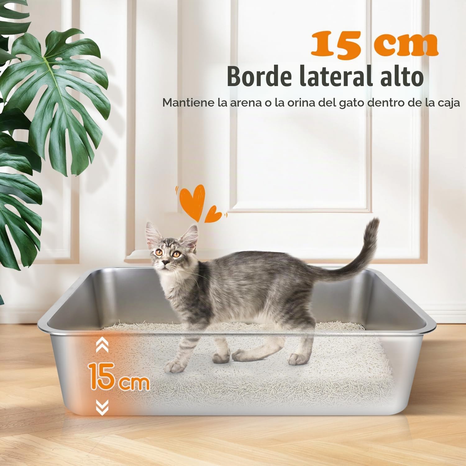 Nobleza Arenero Gato Acero Inoxidable Grande (Paquete de 2), 60x40x15cm Cajas de Arena para Gatos de Borde Alto, Arenero Gatos Que No Absorbe Olores, Adecuado para Gatos Grandes y Gatitos Múltiples