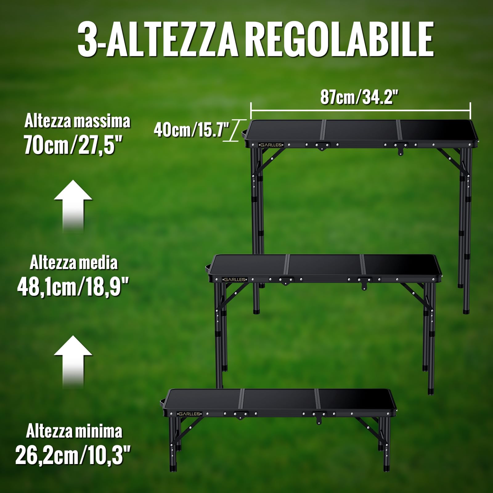 GARLLEN Tavolo Pieghevole Salvaspazio,87x40 cm,3 Altezze Regolabili (26/48/70 cm),Tavolo da Pesca in Alluminio,per Campeeggio Picnic e Spiaggia,3 Pieghe,Nero
