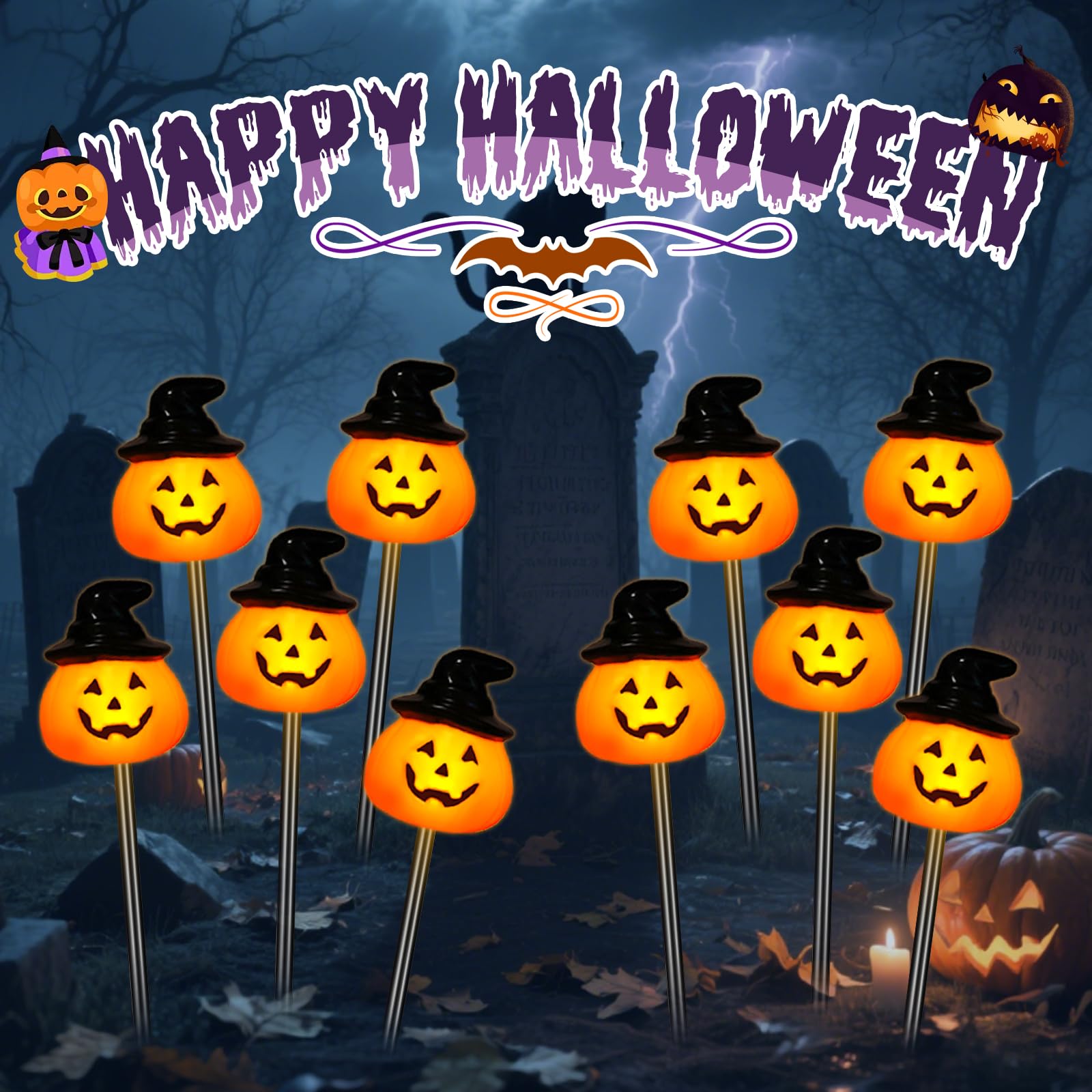 Lot de 10 lampes solaires en forme de citrouille pour Halloween, décorations d'Halloween pour extérieur jardin et cour (citrouille chapeau)