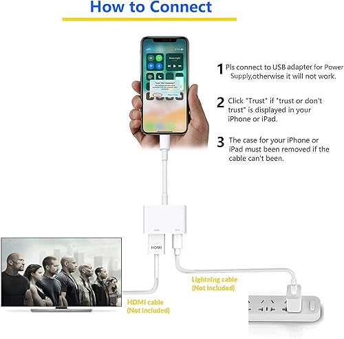 Miniatura 4 de Wahbite Adaptador Lightning a HDMI, adaptador de audio digital AV, cable convertidor de video AV 1080P, conector de pantalla de sincronización HDMI