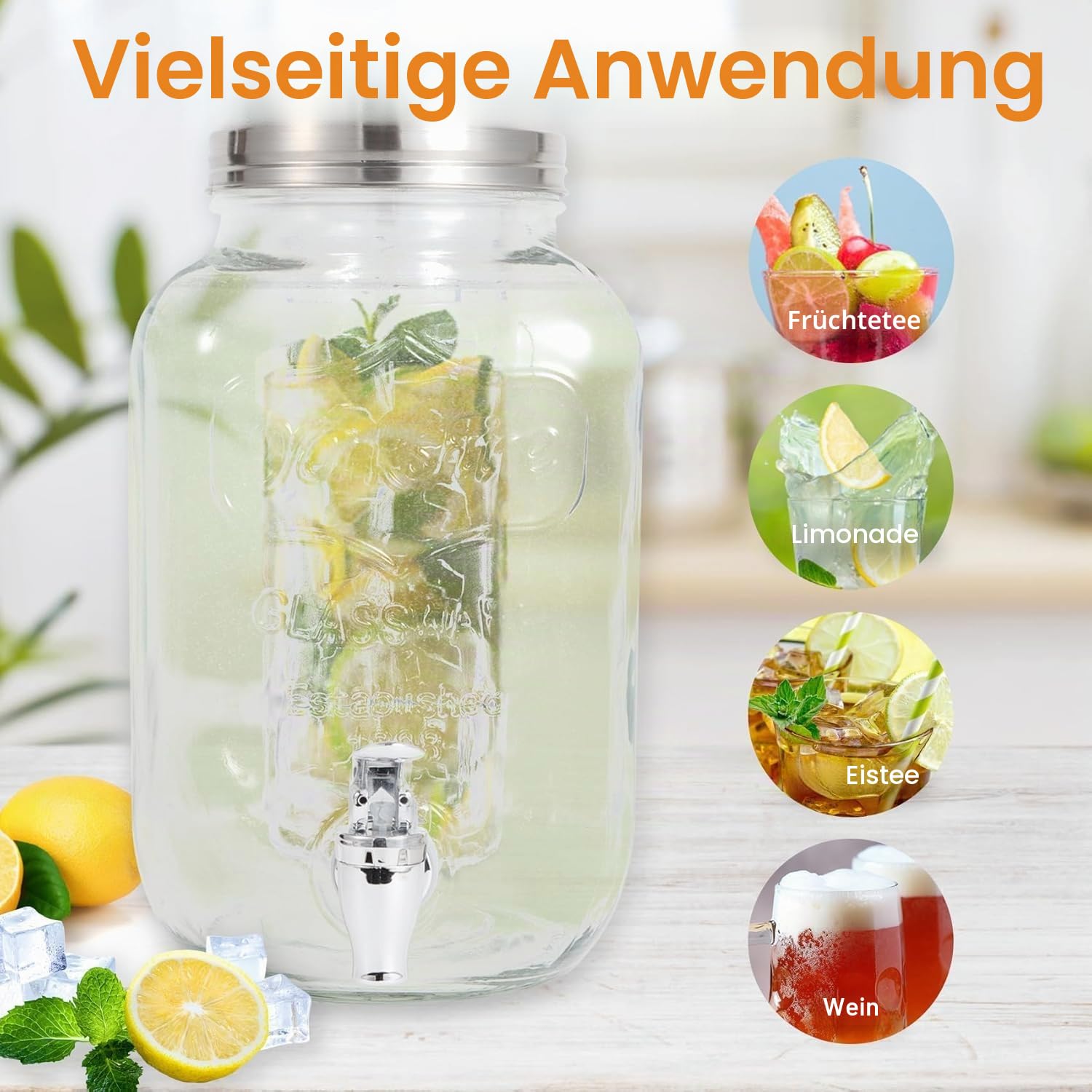 Glas Getränkespender mit Zapfhahn(Set von 2),4L/1 Gallon Getränkespender für Partys mit Ständer,Obst Infuser,Wasserspender Saft Behälter, für Cocktails,Saft,Wasser,Getränke
