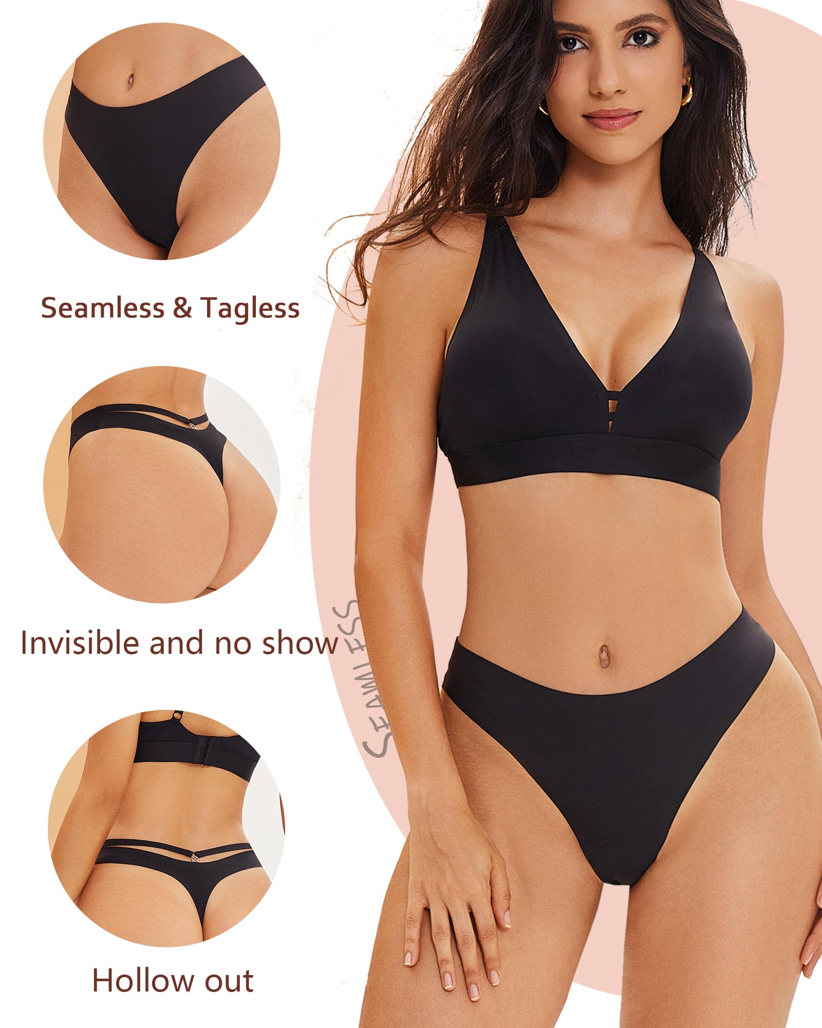 READY TO LOVE Paquete de 6 tangas sin costuras para mujer, transpirables, invisibles, ahuecadas, sexis