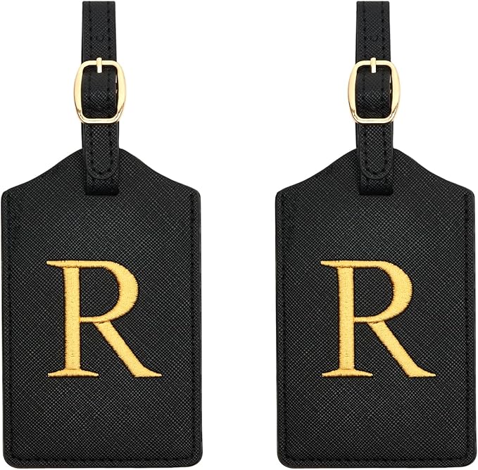 2 Pcs Initial Monogrammed PU Leather Embroidered Luggage Tags for Suitcases & Bags (R)
