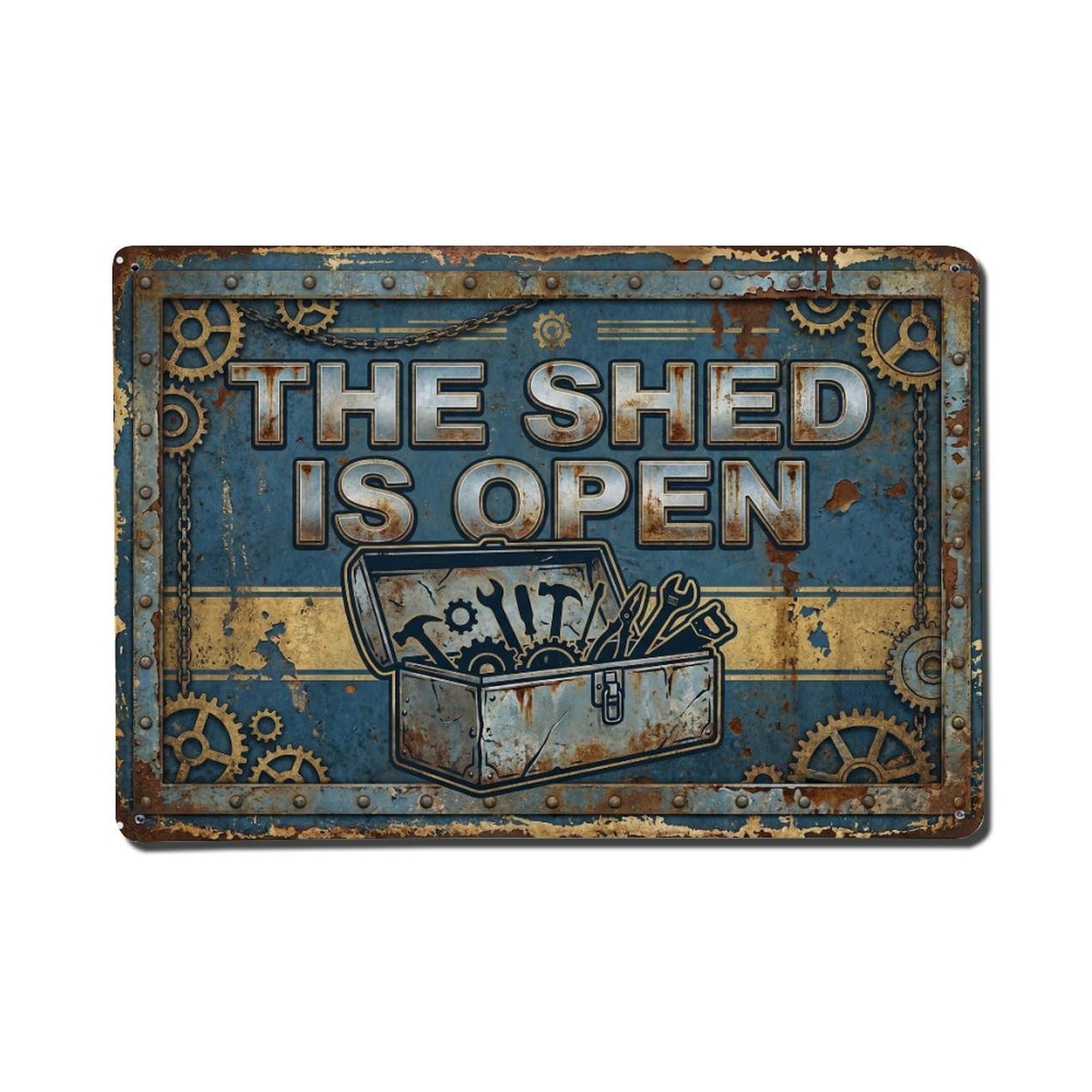 Shed Open Tool Chest Workshop Tinkering Tools Metal Tin Sign Plaque Wall Decor for Cafe, Man Cave, Club Bar, Office, Home Garden Round Metal Poster 8x12Inch