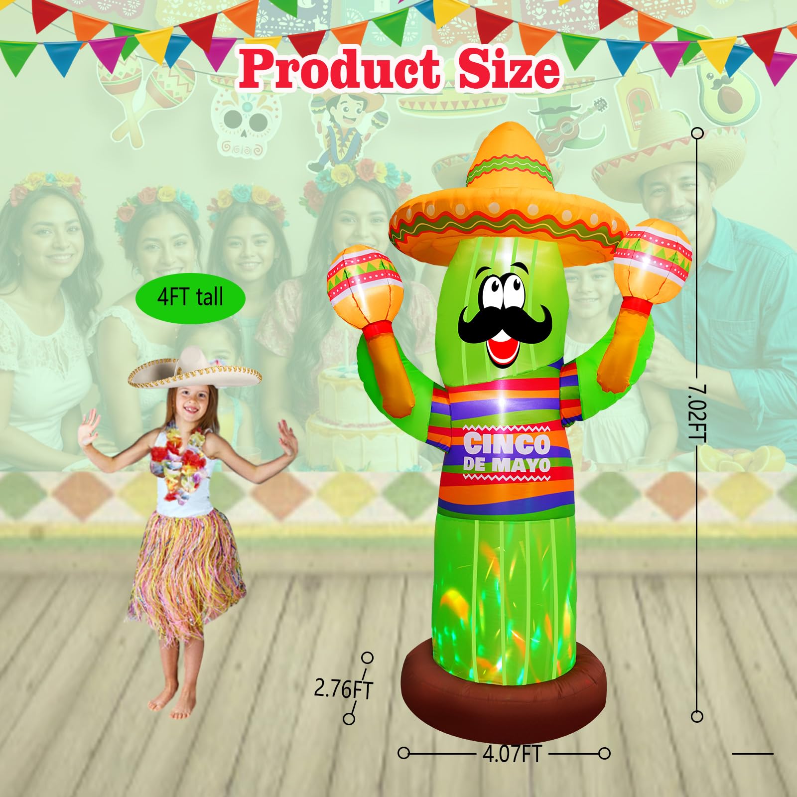 Aufblasbarer Kaktus Cinco De Mayo Cinco De Mayo, mexikanischer aufblasbarer Kaktus mit Taco Sombrero und Maraca, integrierte bunte LED für den 5. Mai für drinnen und draußen, Mexiko, Fiesta,