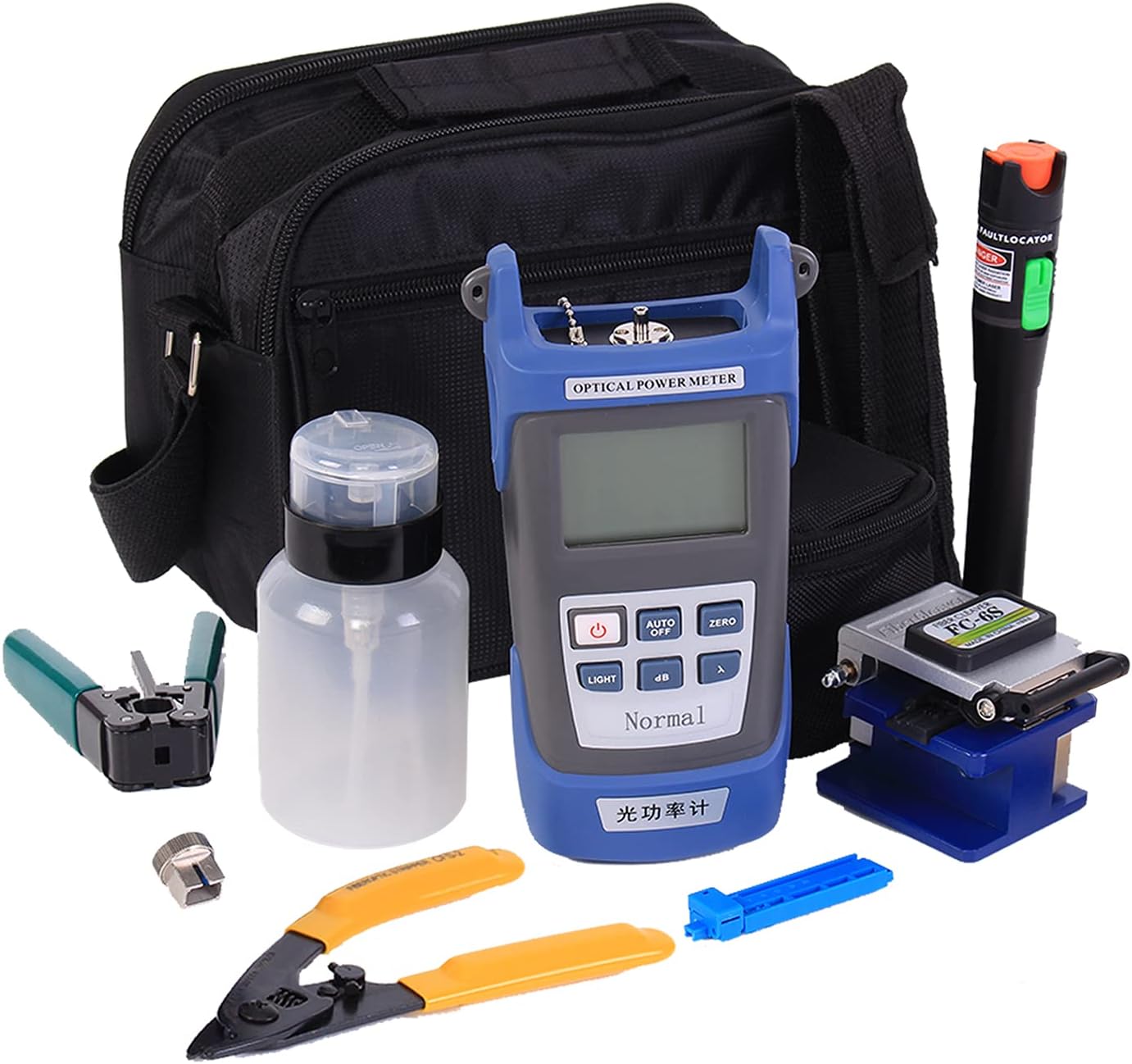 Fiber Optic Termination Tool Kit - 9 in 1 Assembly FTTH tool kit with FC-6S Cleaver Optical Power Meter Finder - 30km Visual Fault Locator Optical Pliers Cable Cutter Stripper