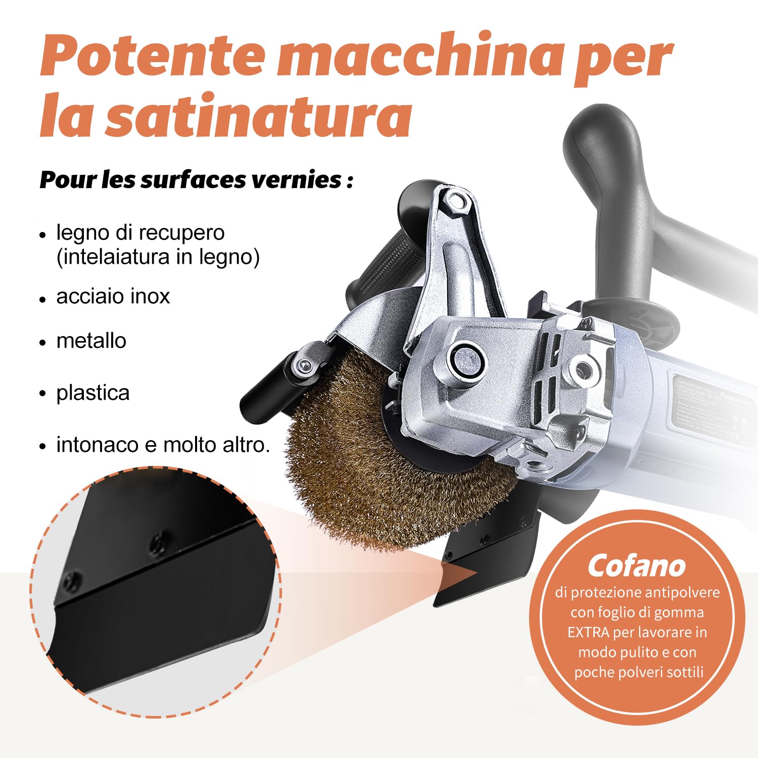 FANZWORK V2 1500 Watt Spazzolatrice per Legno,Smerigliatrice per la Ristrutturazione di Superfici, con 1 Connettore Aspirapolvere, Controllo della Velocità, Impugnatura Sferica, Spazzola in Ottone