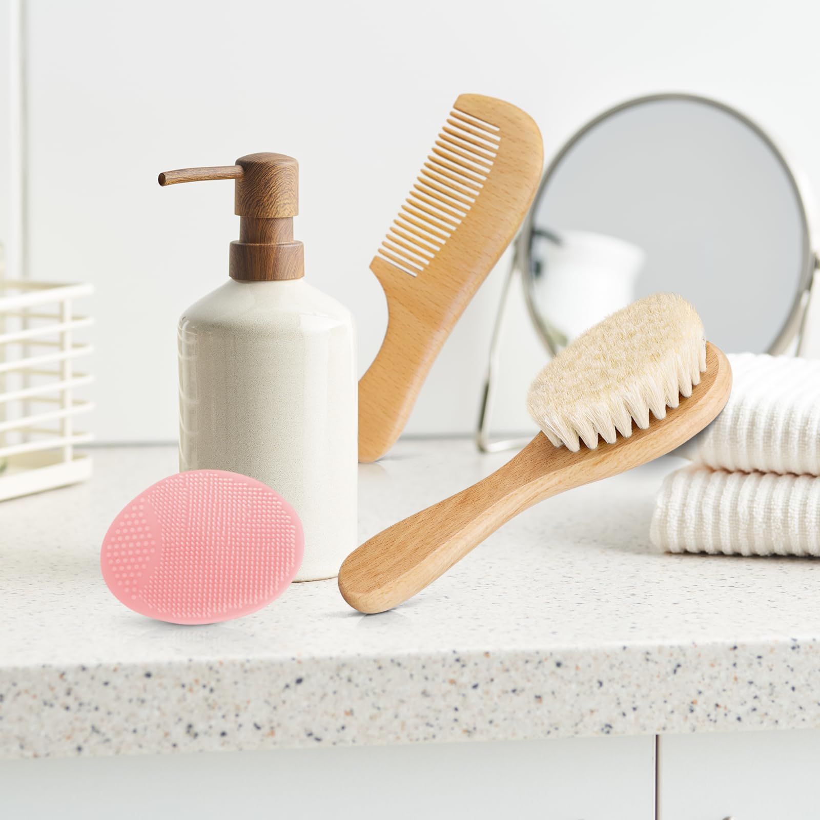 Set di 3 spazzole e pettini per bambini, con setole di capra e setole in silicone, per neonati e bambini (Rosa Brosse in silicone)
