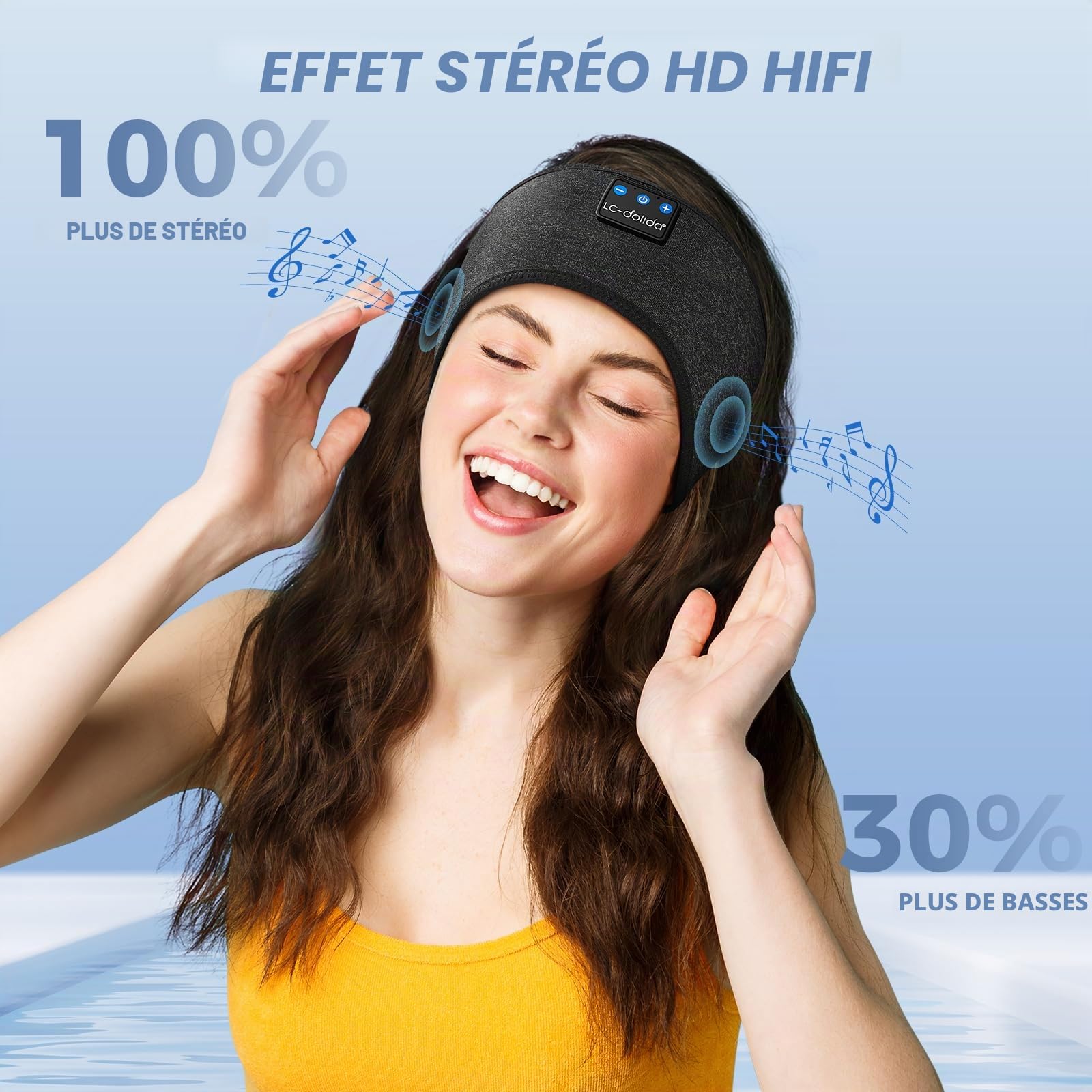 LC-dolida Casque de Sommeil Bluetooth 5.2, Masque de Sommeil avec Bandeau Bluetooth, Bandeau de Sport sans Fil, Noir Foncé