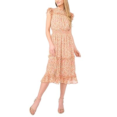 CeCe Smocked Waist Ruffle Tiered Midi Dress Women