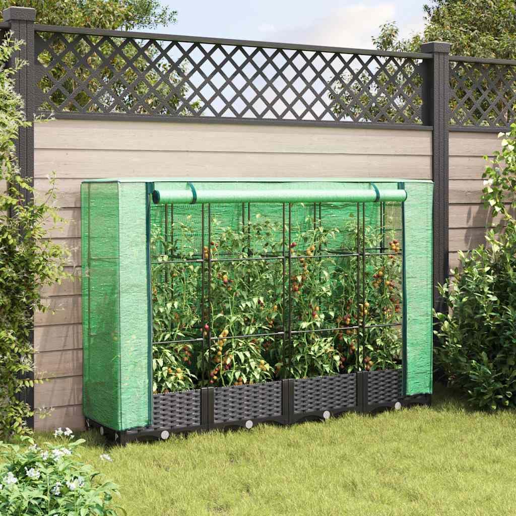Letto Rialzato con Copertura Serra Effetto Rattan 160x40x123 cm Nero Verde per Piante e Orto Domestico, Struttura Robustissima in Ferro e Polipropilene con Telo