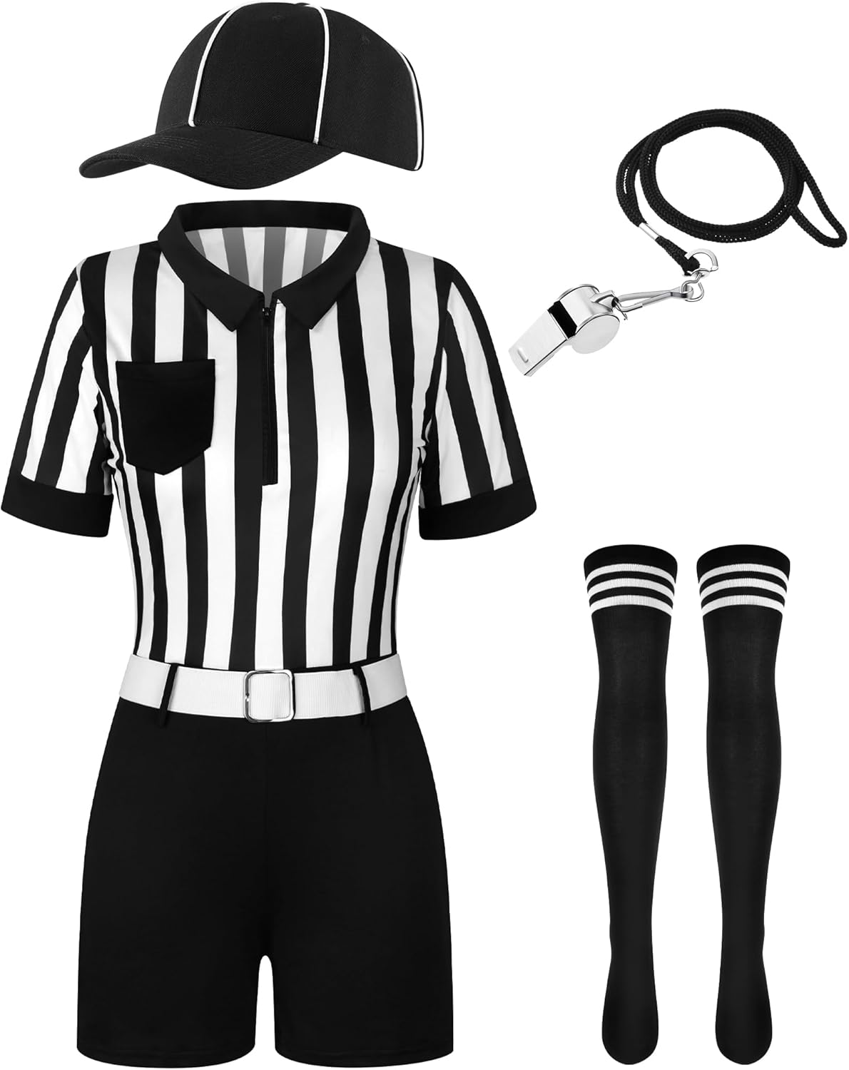 5 Pcs Referee Costume for Women Carnival Ref Uniform with Belt Hat Whistle Yellow Penalty Flags Long Socks - Image 8