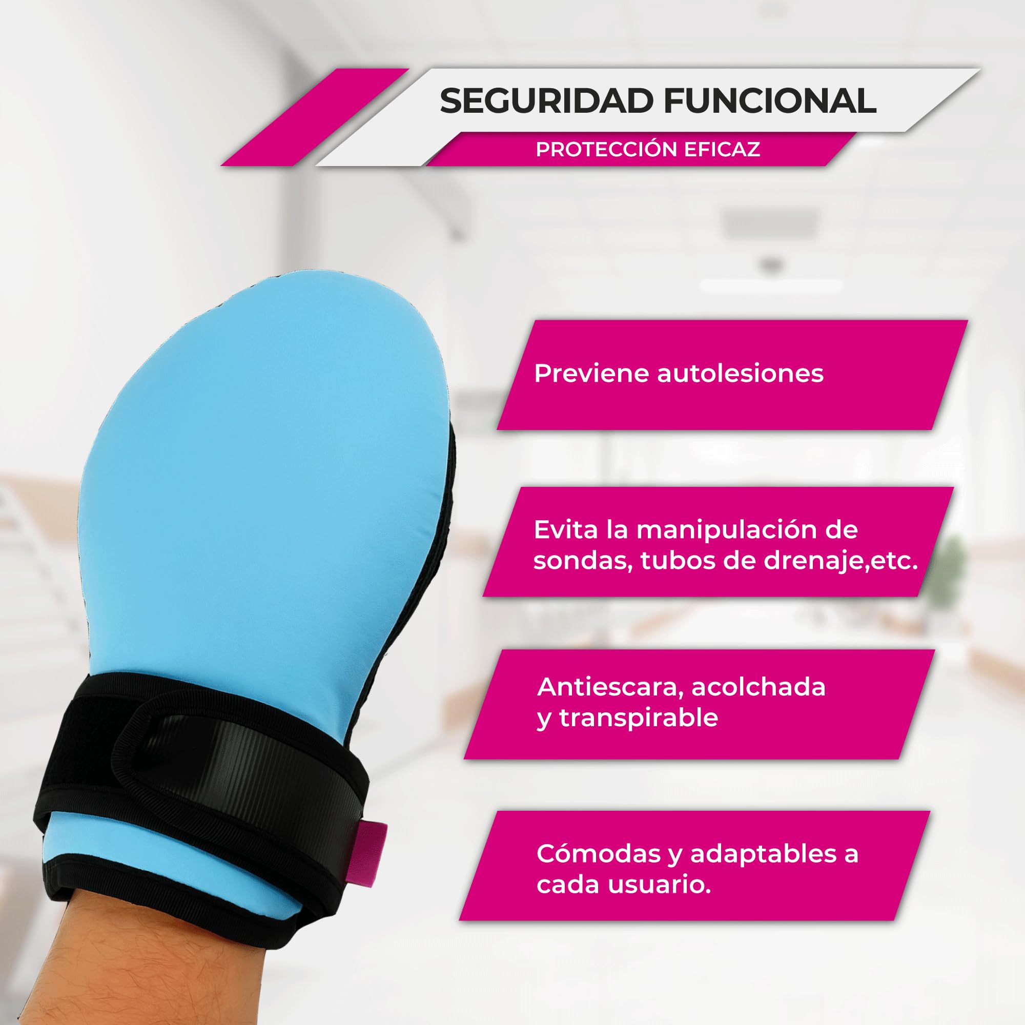 Ubio - Pack 2 Manoplas Antiescaras, Viscoelástica, Transpirable - Previene Autolesiones o Manipulación Sondas, Tubo de Drenaje - Manopla Acolchada Proteje Manos - Fabricado en España