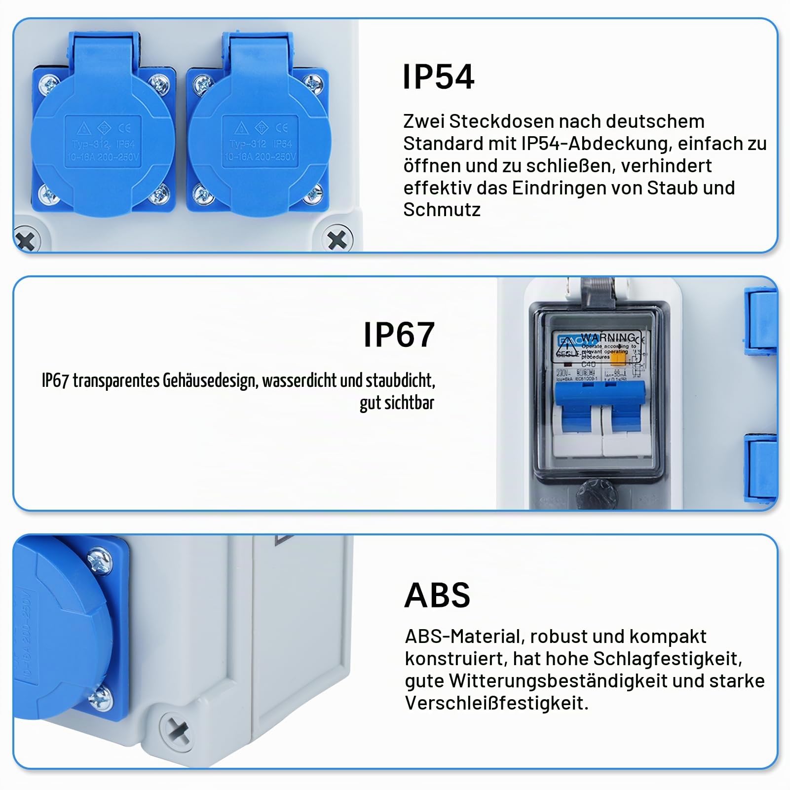 Wandverteiler 16A 250V Baustromverteiler 2-Polig Stromverteiler IP54 Wasserdicht Baustromverteiler mit 32A 1P+N FI Schalter Starkstrom Verteiler mit 2 Schuko-Steckdosen