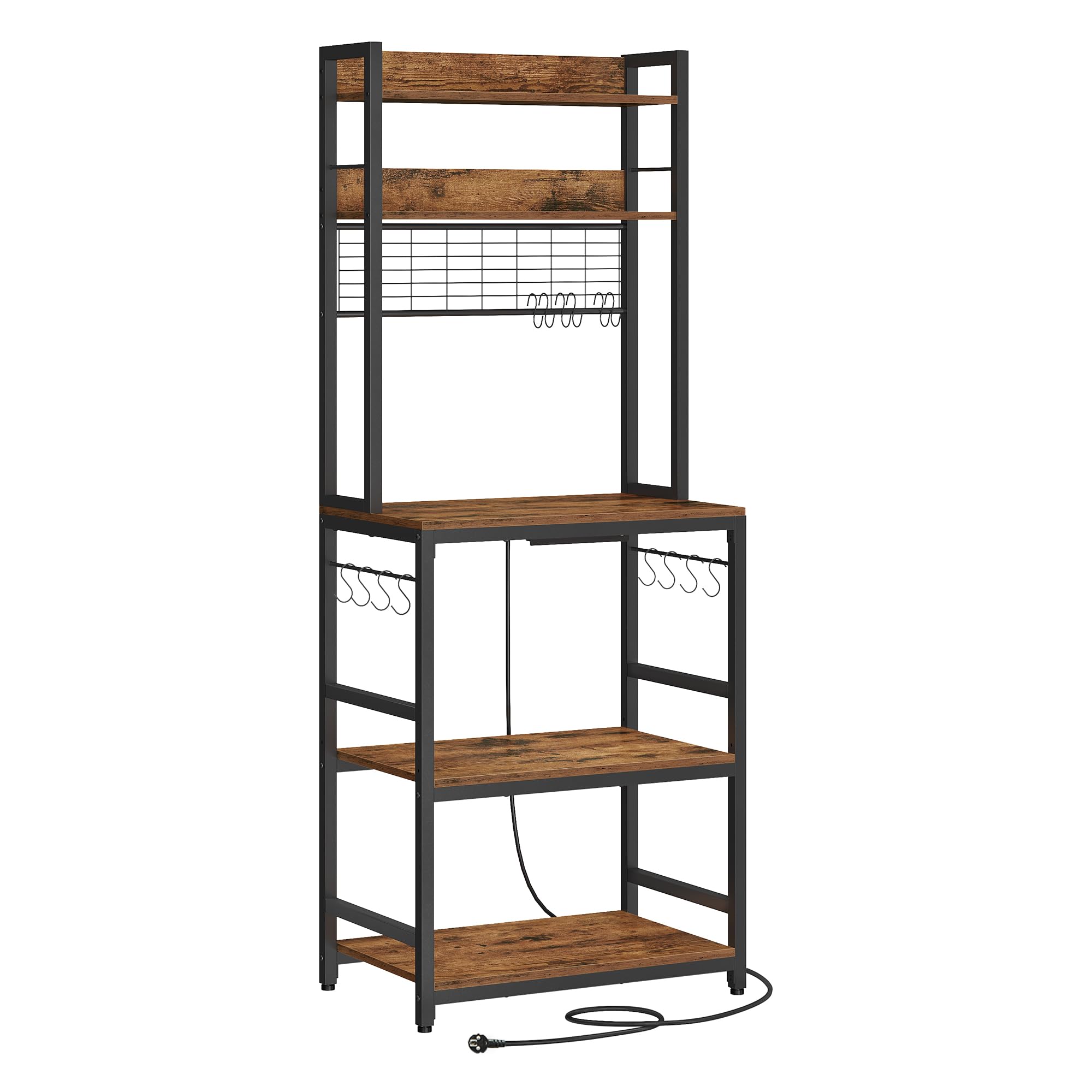 VASAGLE Estantería para Panadería con Toma de Corriente, Soporte de Microondas, Estantería de Cocina, Alambre de Metal, 14 Ganchos, 40 x 60 x 170 cm, Marrón Rústico y Negro KKS037B01EU