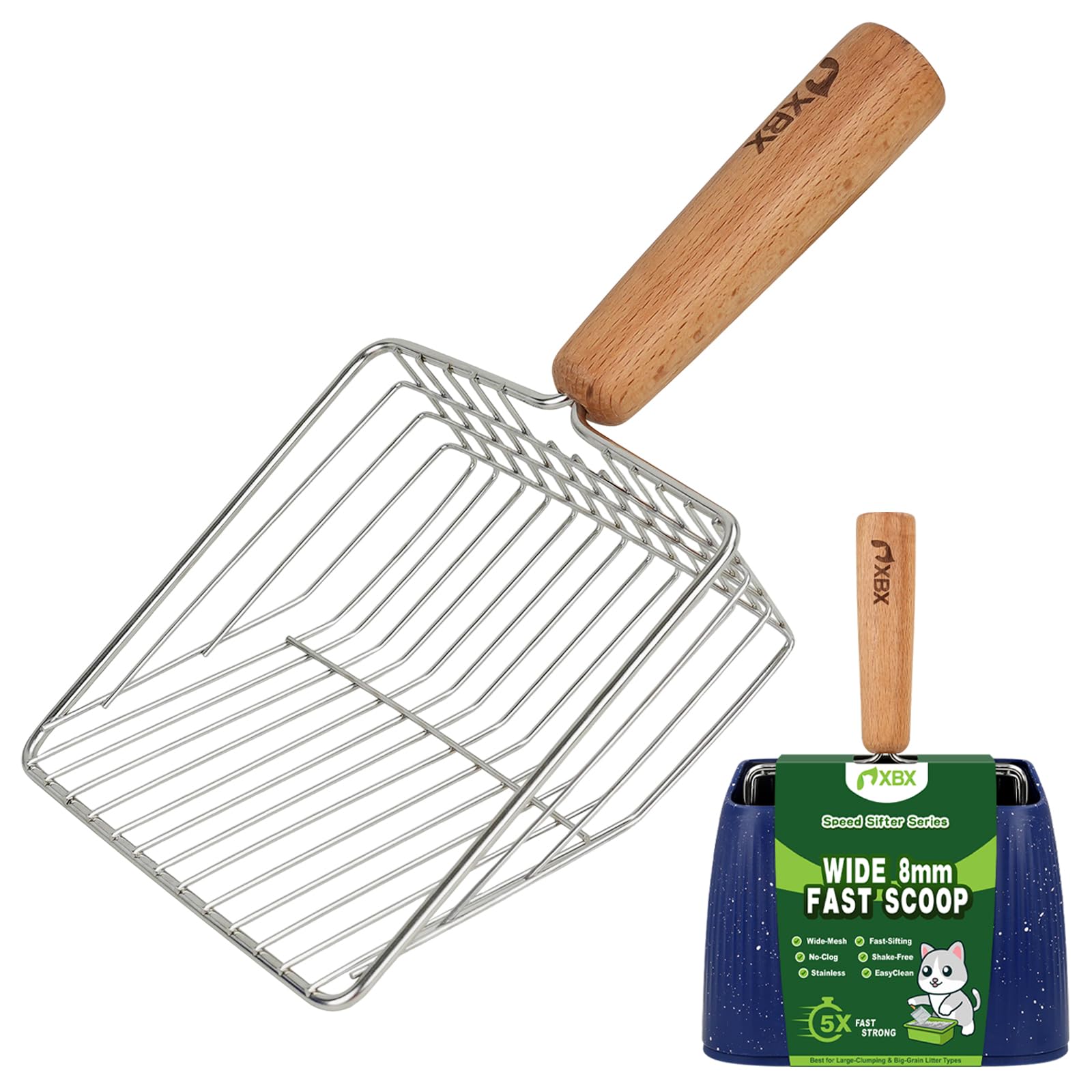 XBX Cat Litter Scoop with Holder, Sturdy Stainless Steel Litter Scooper, Wide Gap Litter Shovel with Beech Wood Handle for Easy Daily Litter Box Cleaning