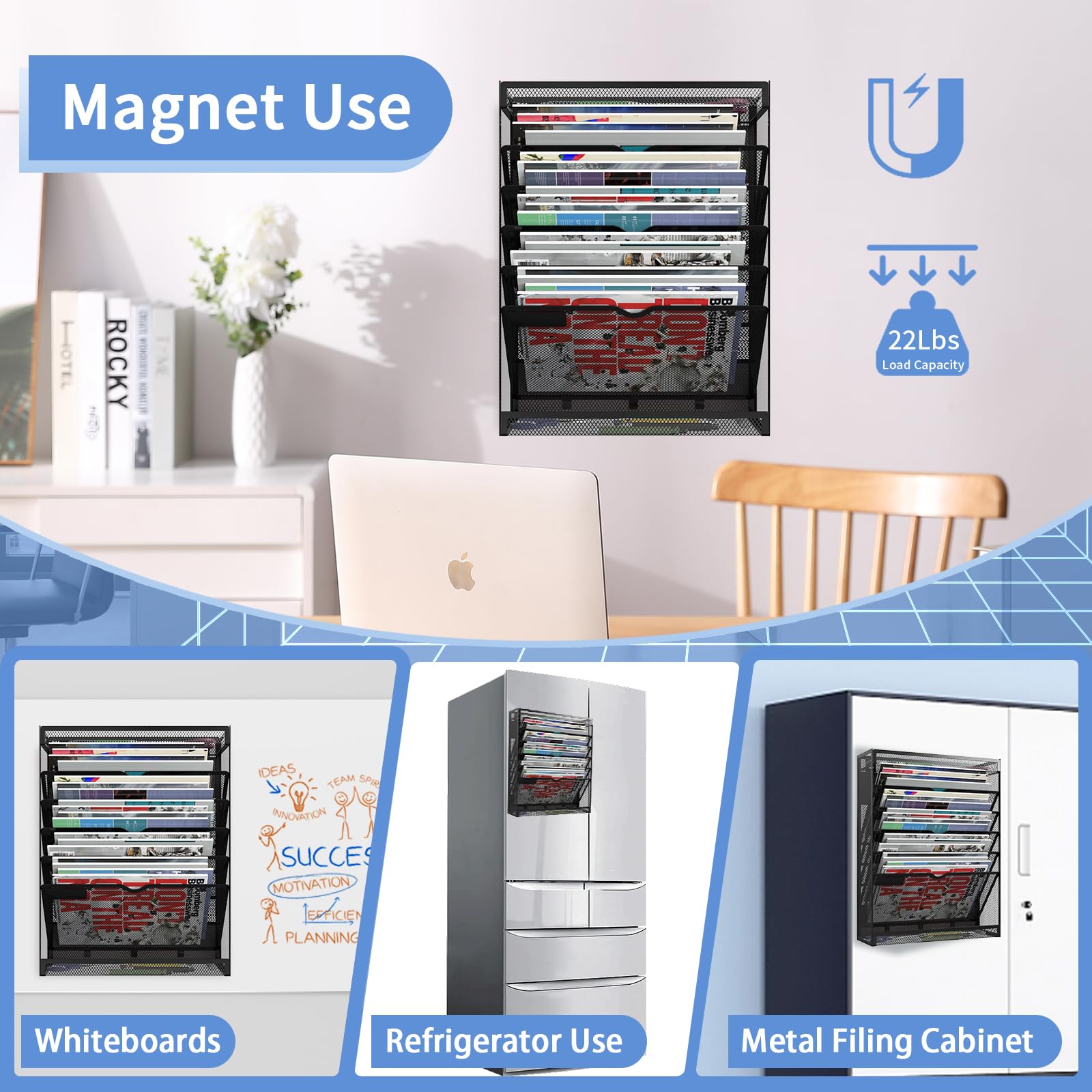 7-poziomowy magnetyczny uchwyt na dokumenty, bez wiercenia, ścienny organizer na dokumenty - tablica suchościeralna lodówka, biuro, klasa, wiszący uchwyt na teczki papierowe, czarny