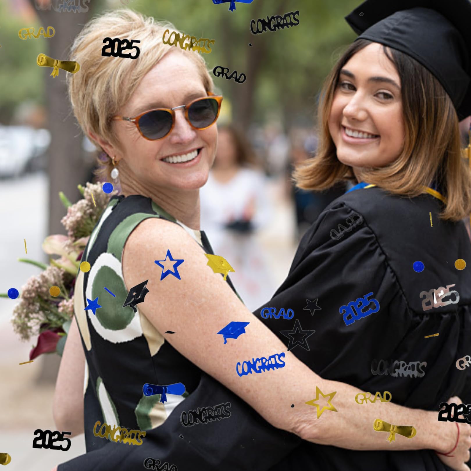 2025 Abschluss-Konfetti Set – 15g, Schwarz/gold/silber/blau, Mit Sternen, Hüten & „2025“
