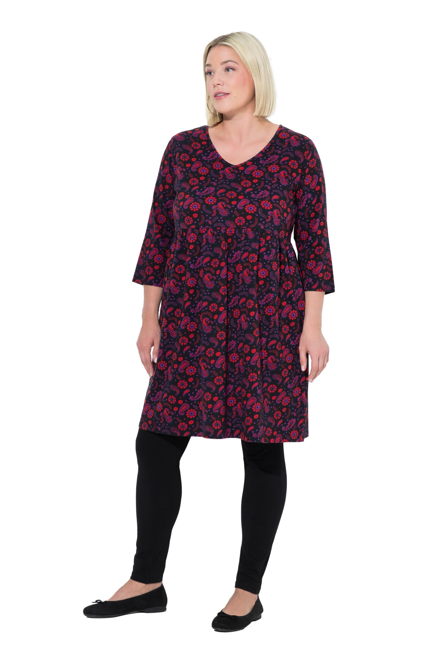Ulla Popken Damen große Größen Übergrößen Plus Size Jerseykleid, A-Linie, V-Ausschnitt, 3/4-Arm 842612