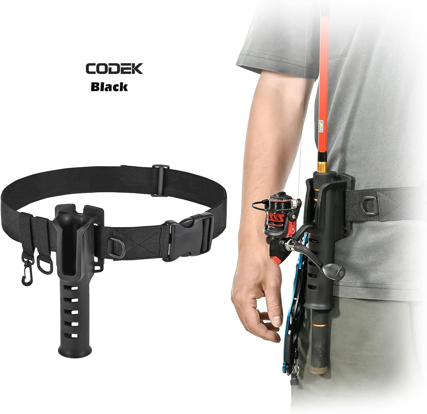 CODEK Fishing Waist Belt Rod Holder - Adjustable Wading Belt With Portable Pole Inserter for Spinning, Casting Reel, Surf, Kayak, Fly Fishing Gear Accessories - Wader Strap