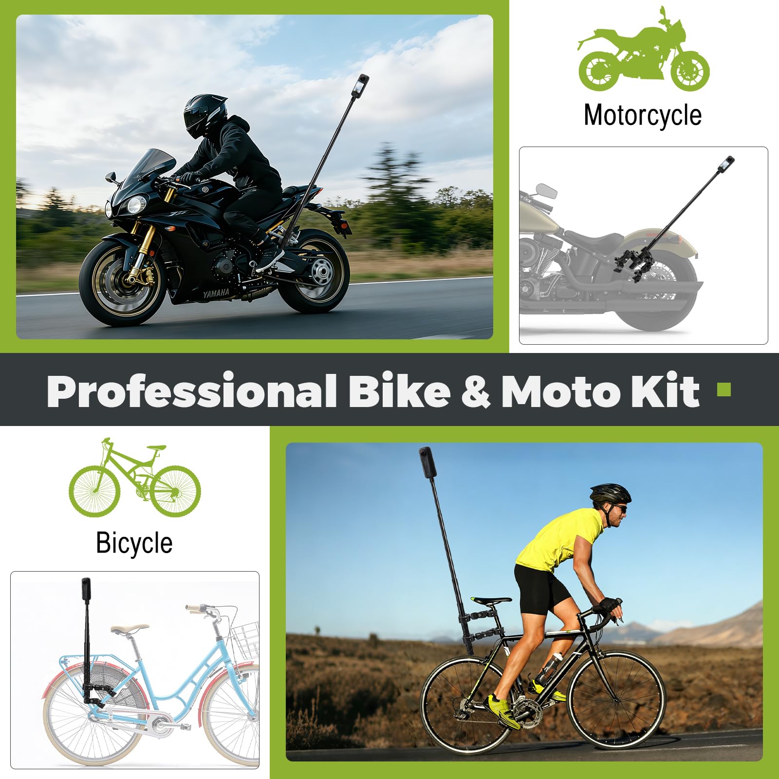 Motorrad Halterung für Insta360 X5 X4, Fahrradlenker Montageset mit 120cm Unsichtbarem Selfie Stick Double Clamp Kamera Zubehör für Insta 360 X5 X4 X3 ONE X2 GoPro Hero 13 12 DJI Osmo Pocket 3/4