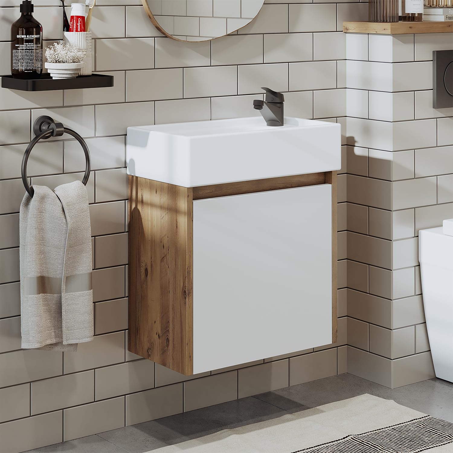 ROOMART Badmöbelset 50cm Unterschrank mit Waschbecken | Waschbecken mit Unterschrank, weiß Eiche