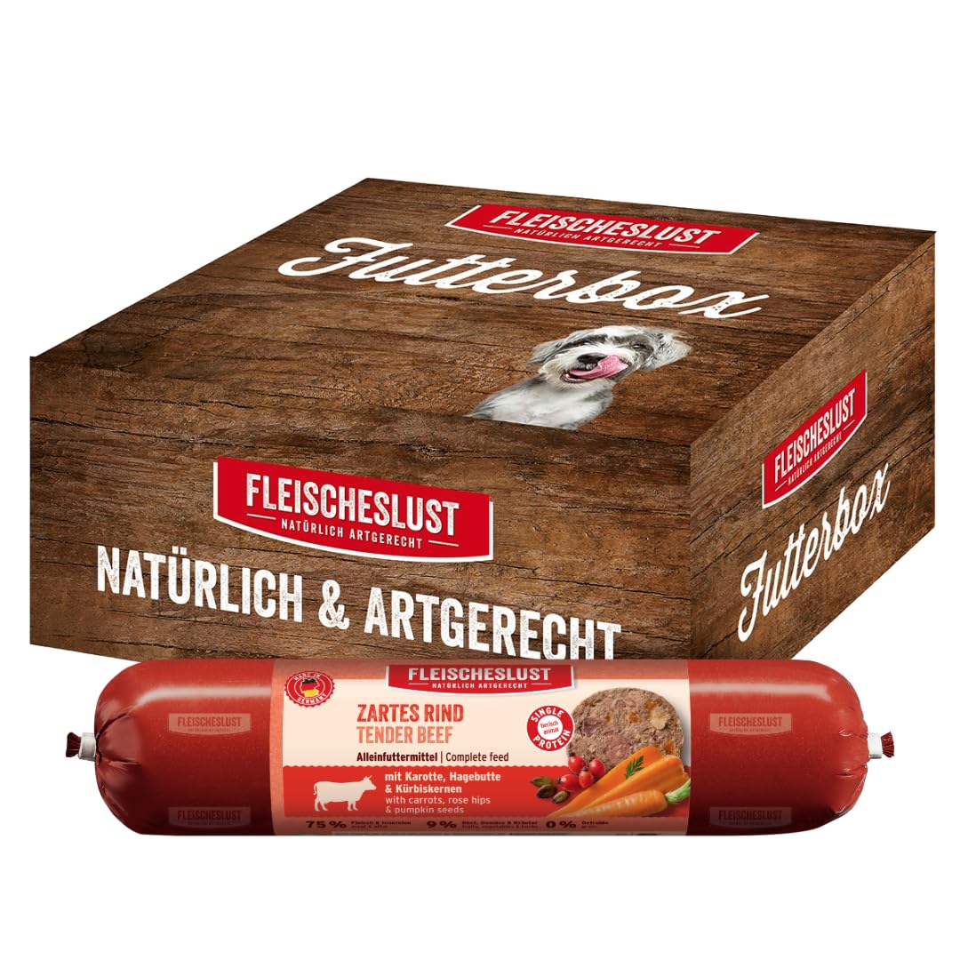 Fleischeslust Hundewurst | Zartes Rind mit Karotte, Hagebutte & Kürbiskernen | Futterbox (6x800g) | Nassfutter | schnittfest | getreidefrei | Alleinfuttermittel für ausgewachsene Hunde