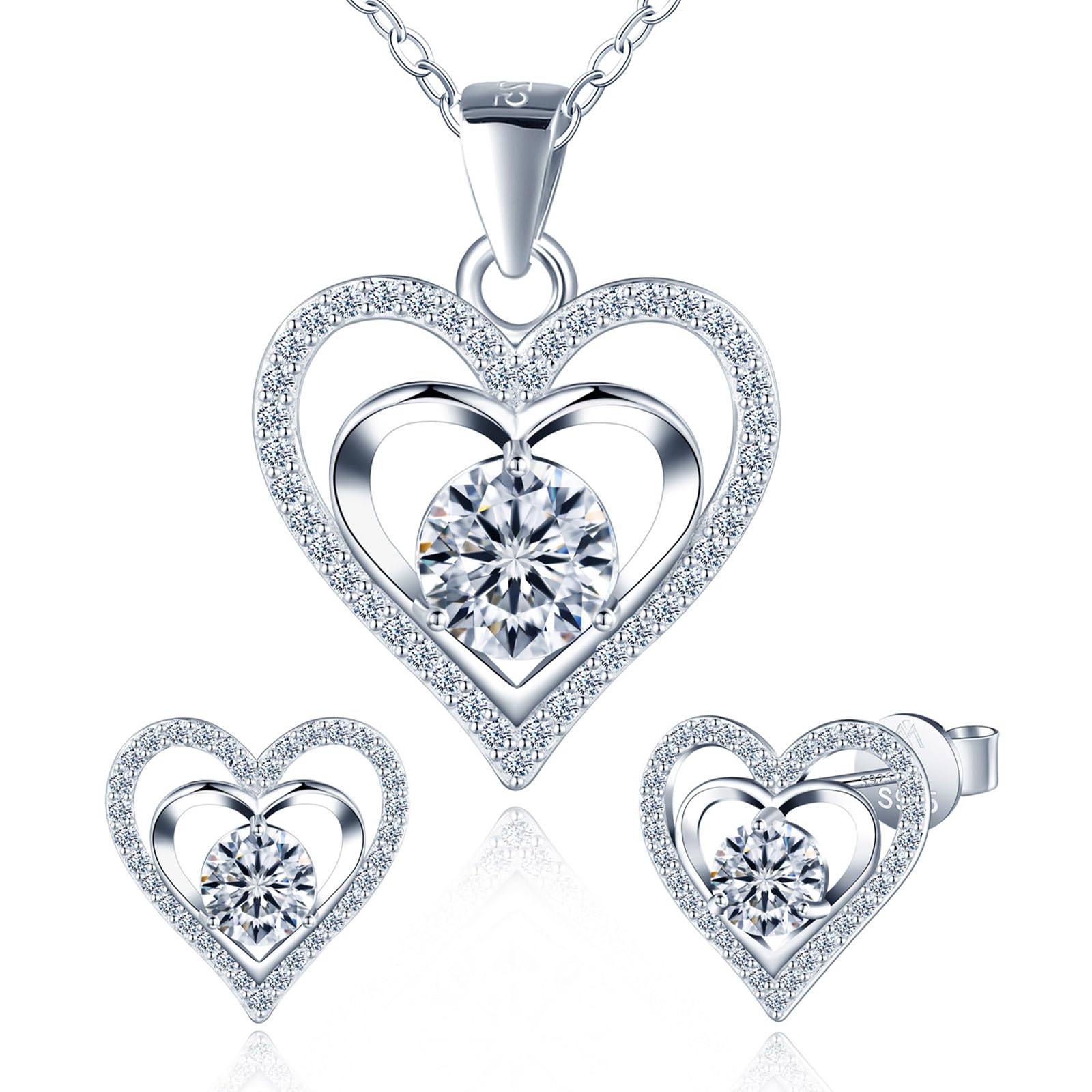 Moissanite Schmuckset Damen Herzen Diamant Ohrringe und Halskette 1 Karat: Silber 925 Herz Moissanit Ohrstecker, Herz Kette mit GRA Zertifikat für Jahrestag Hochzeit Party