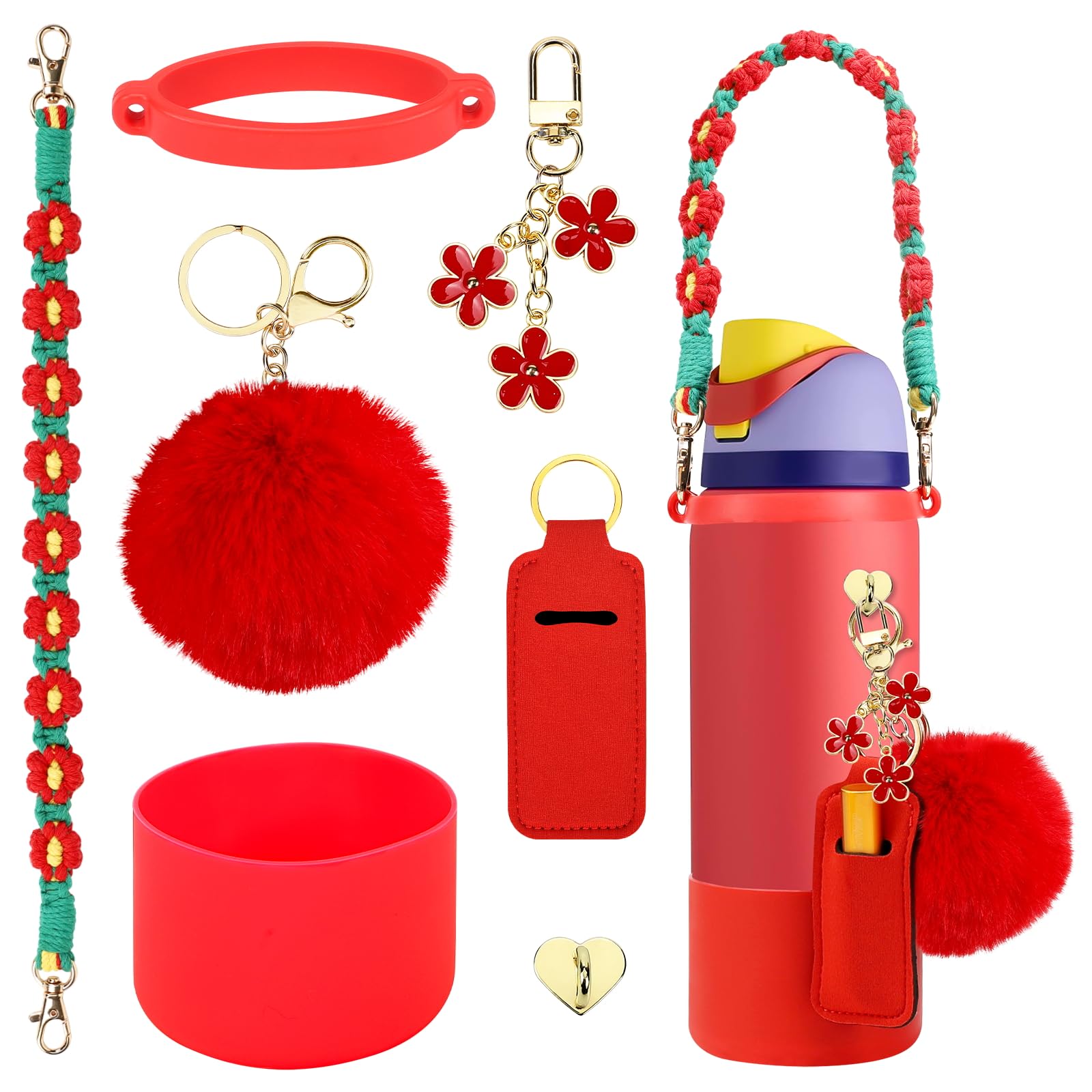 Compatible for Owala Accessories Bundle: Silicone Boot for 24oz & 32oz Bottles, Charms, Handle, Strap, Rubber Bottoms, and Decorative Add-ons for Your Compatible for Owala Water Bottle, Red โ image 1