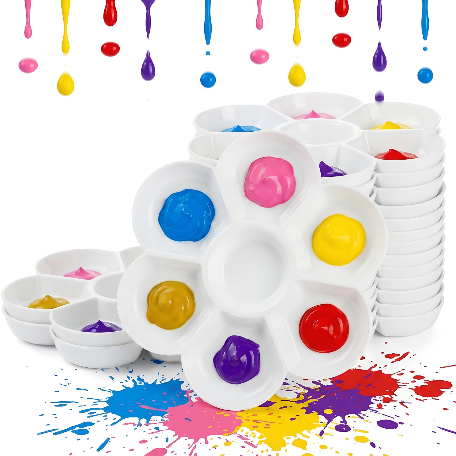 ZENFUN 15 Pack Paint Palette with 7 Wells, White Plastic Paint Mixing Tray Flower Petal Palettes, Watercolor Painting Dish for Oil Art, Gouache, Kids Adults Painters, Easy to Clean