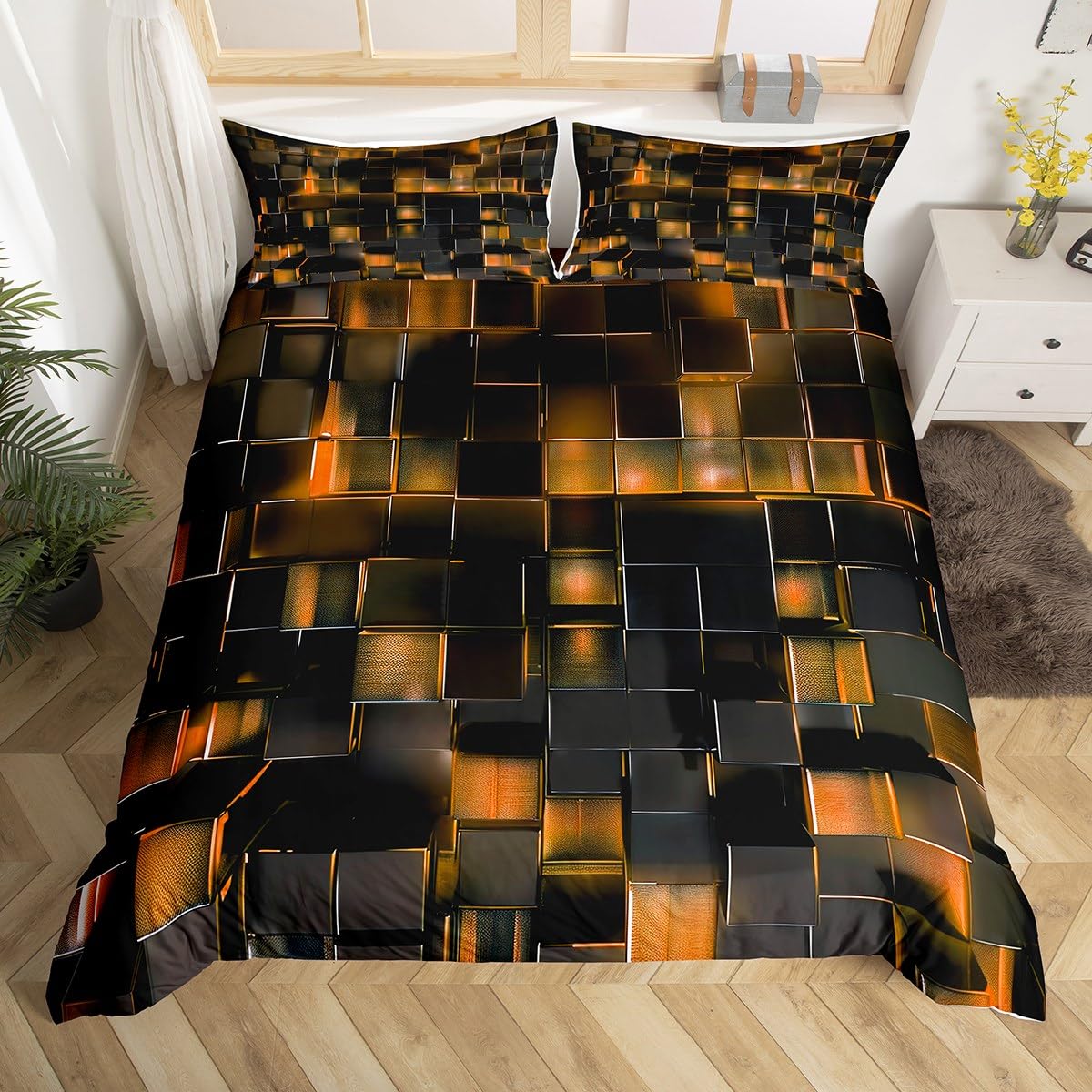 Homewish Black Pastel Orange Duvet Cover Modern Geometric Comforter Cover Gradient Neon Cubes Boys King Size Bedding Set,Abstract Square Grid Bed Set Lattice Wall Brick Decor