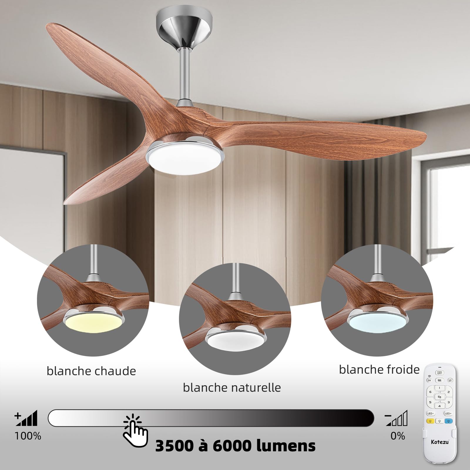 3 En 1 Ventilateur De Plafond Avec Lumière LED Et Télécommande 132 Cm Moteur Réversible 5pales