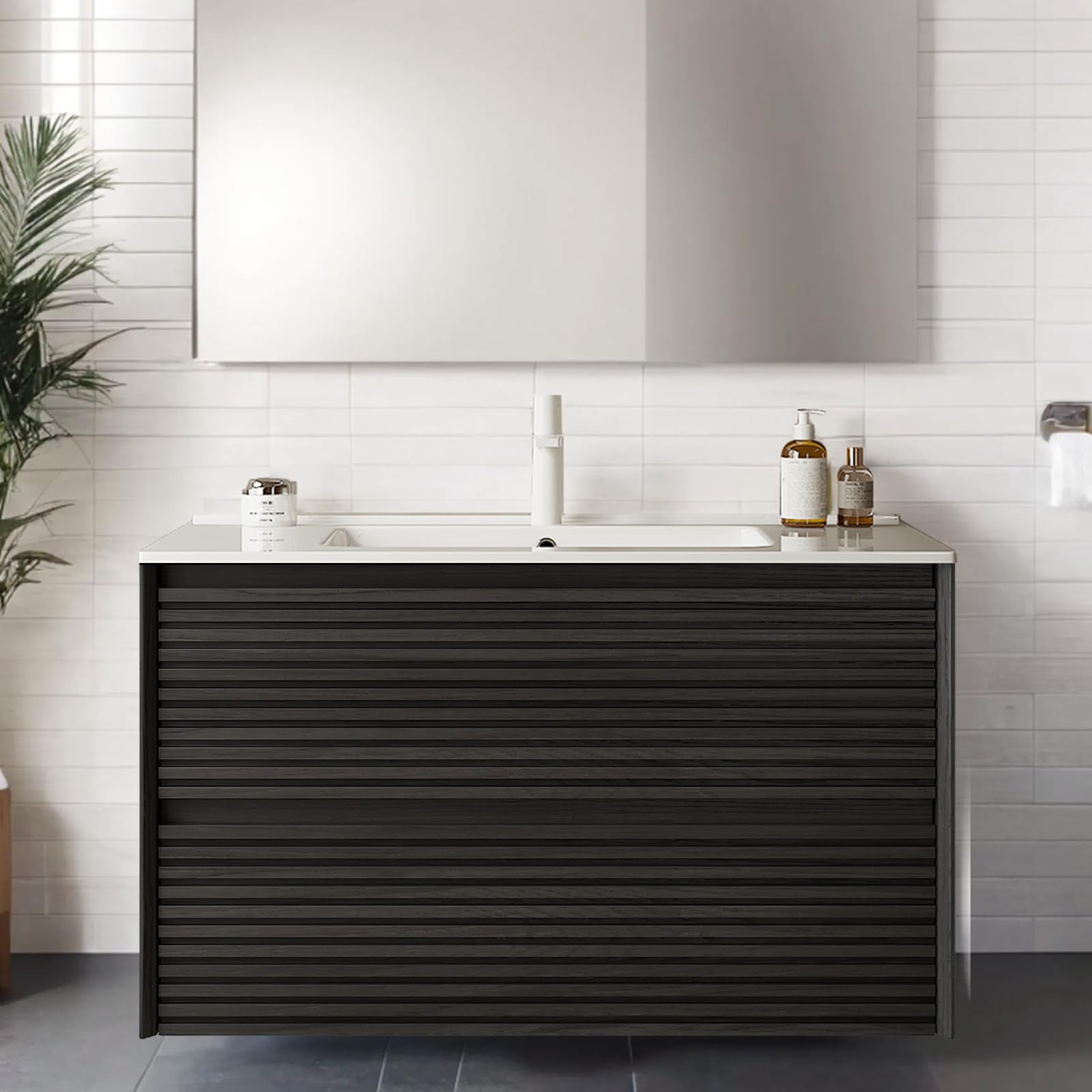 AmbroVania 36" Floating Bathroom Vanity with Sink, French Romantic Style for Bathroom Vanities with Natural Solid Wood Texture, Ceramic Integrated